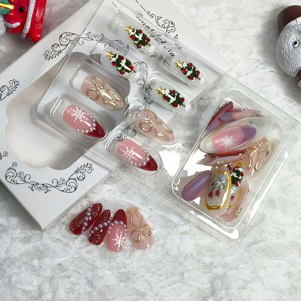 BUNLVDI Christmas press-on nails 3D pearl snowflake pattern for festive style.