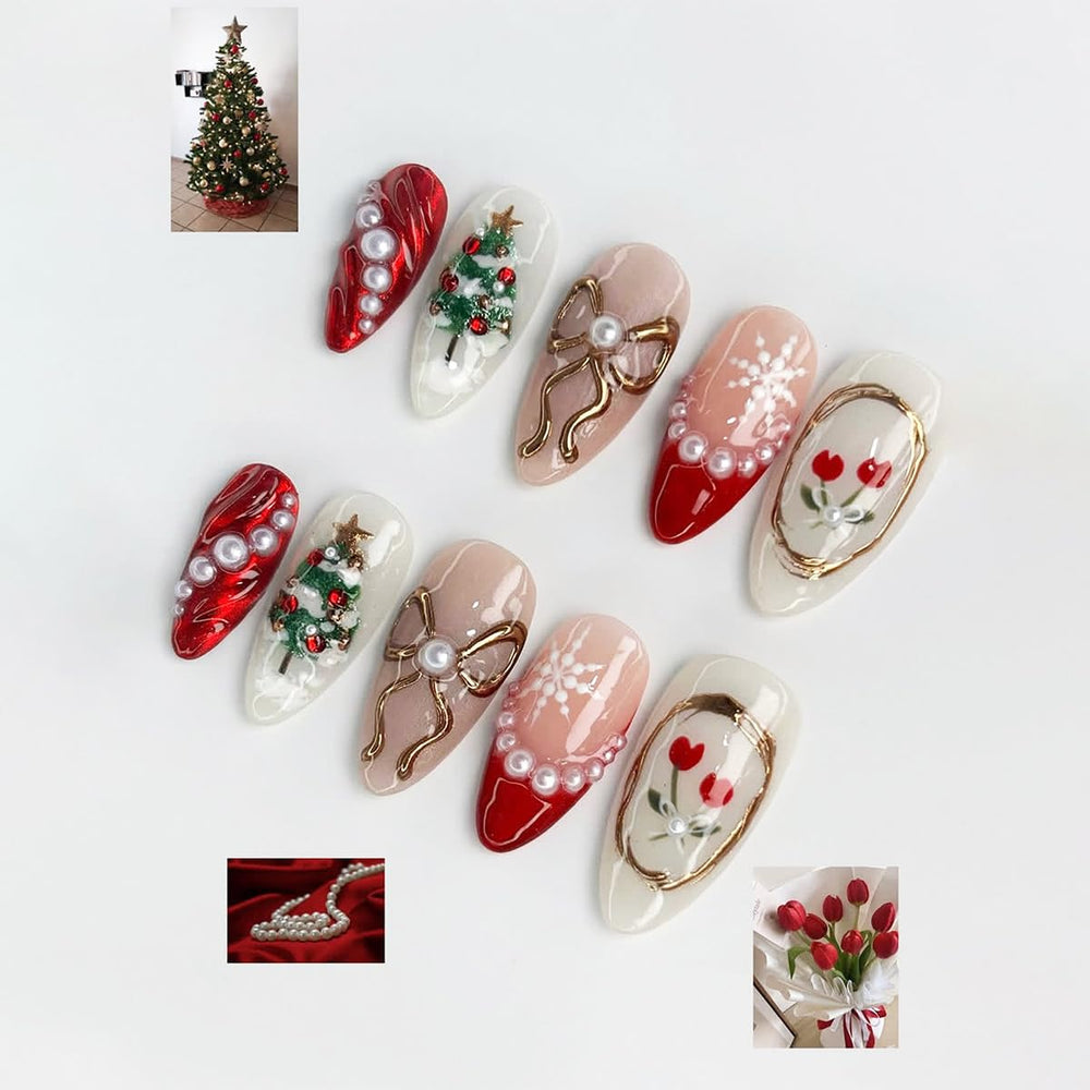BUNLVDI Christmas press-on nails almond close-up shows 3D pearl design.