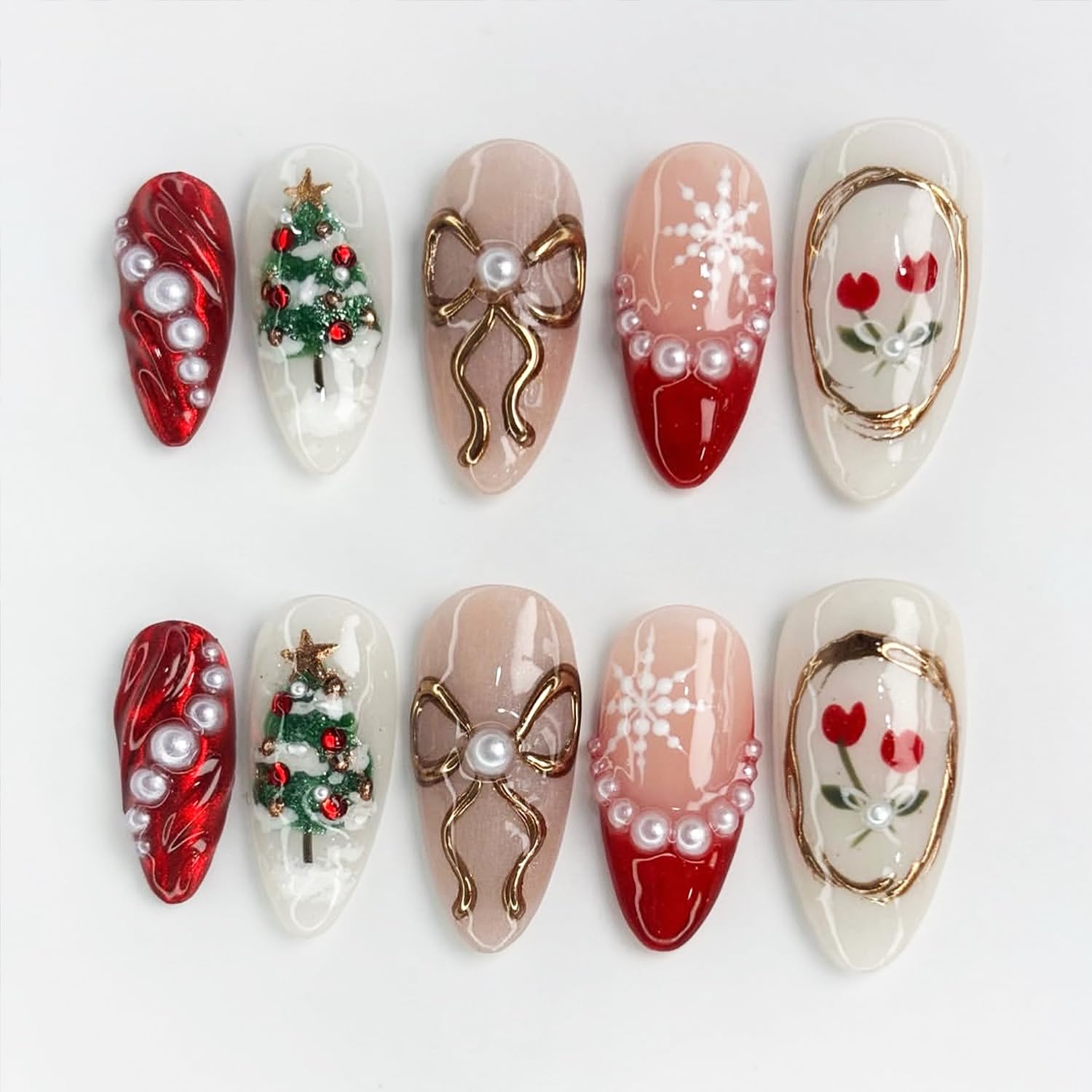 BUNLVDI Christmas press-on nails almond packaging for a salon-like home manicure.