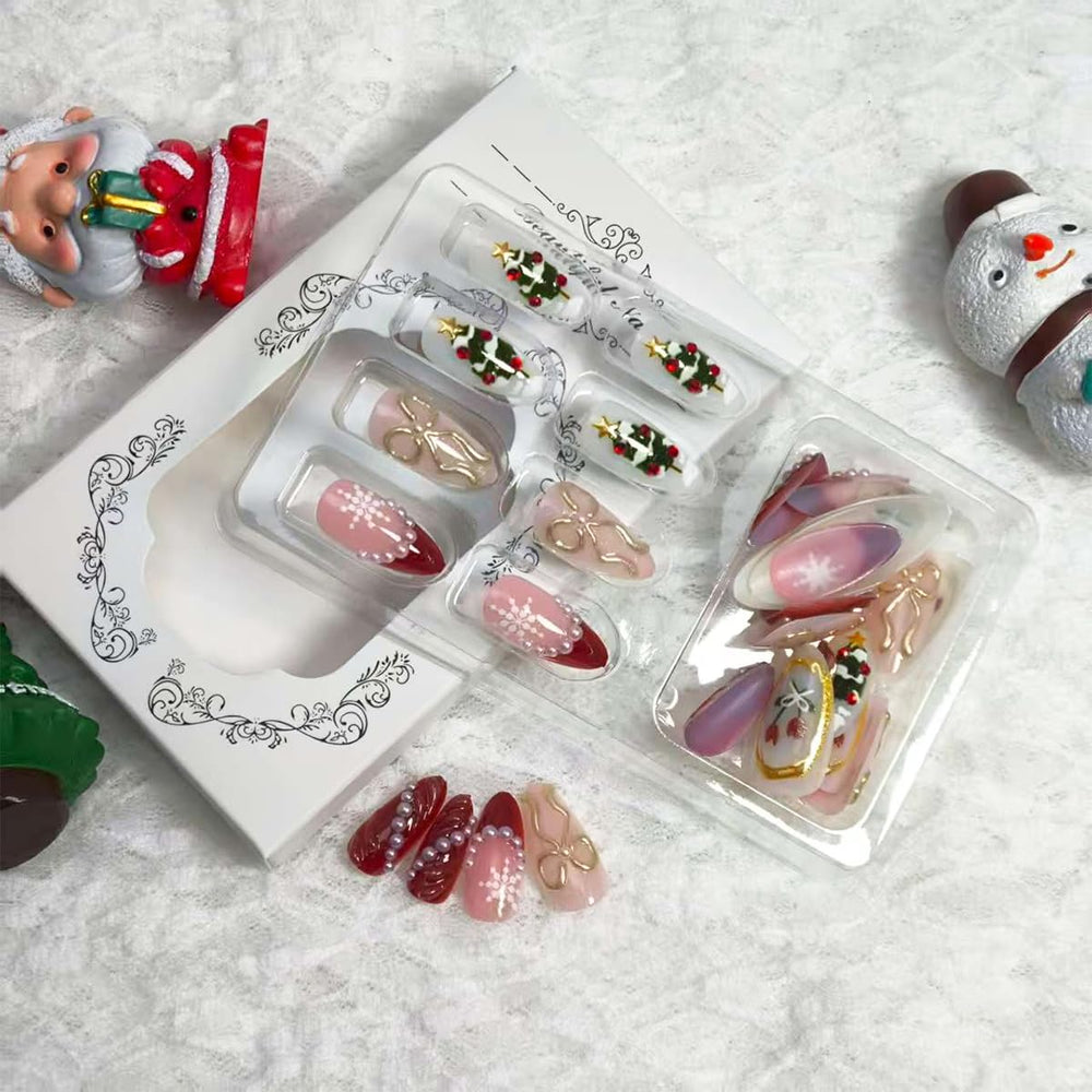 BUNLVDI Christmas press-on nails red French tip detail for elegant wear.