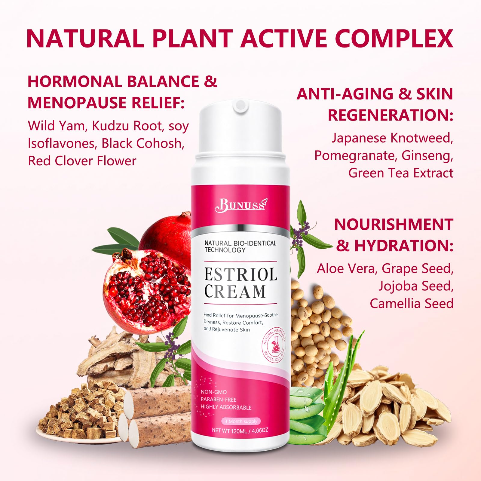BUNUSS Estriol face cream applied on skin demonstrates smooth, hydrated complexion.