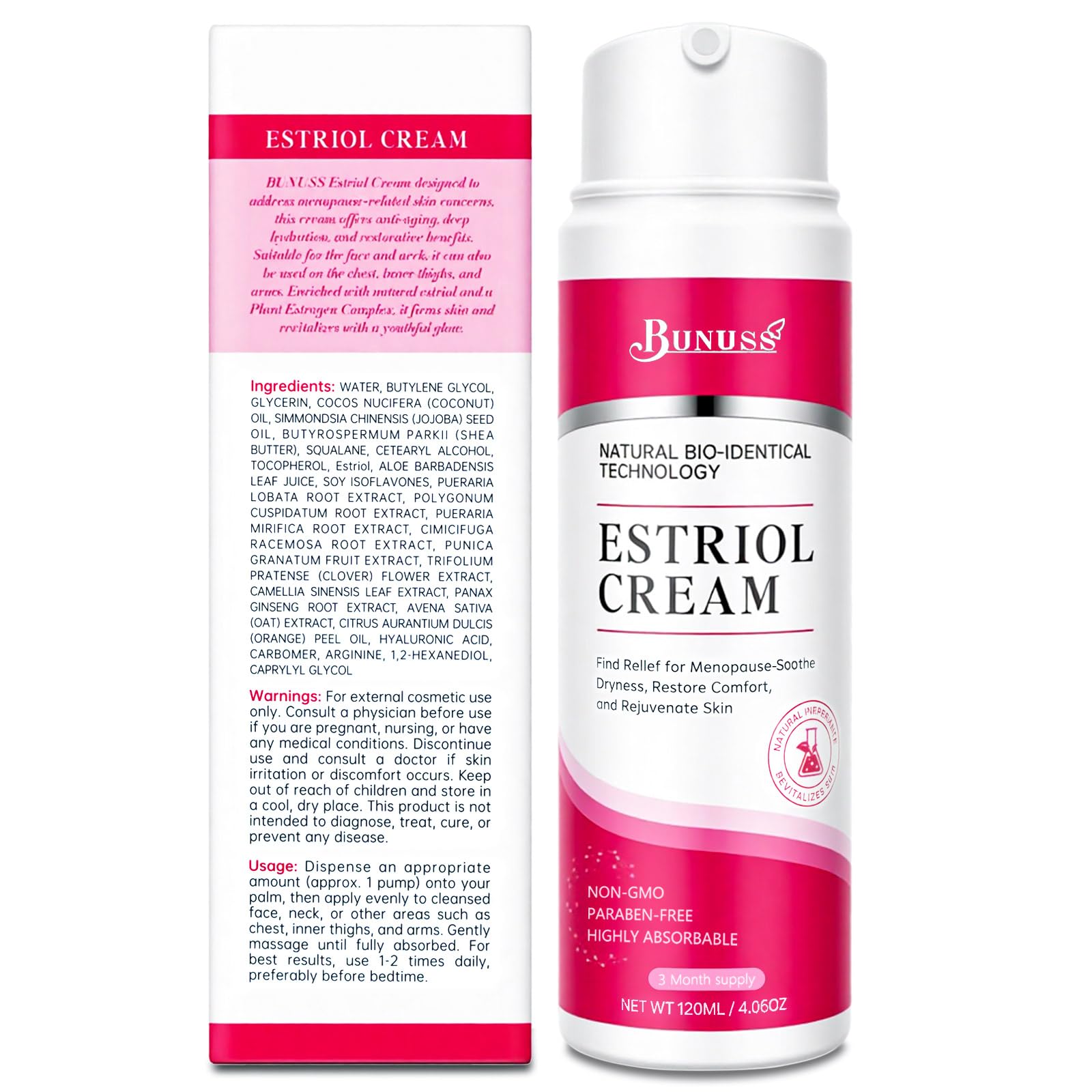 BUNUSS Estriol product label emphasizes a clean fragrance-free formula.