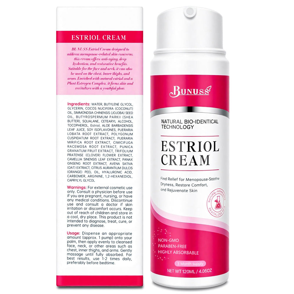 BUNUSS Estriol product label emphasizes a clean fragrance-free formula.