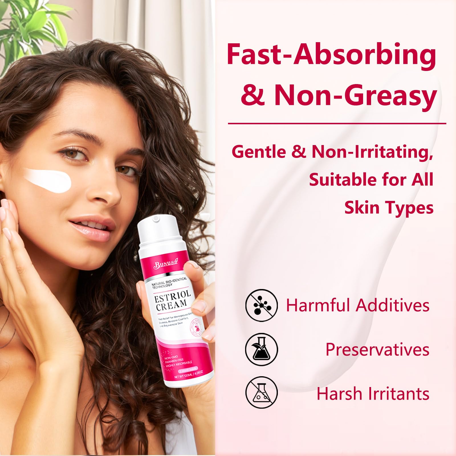 BUNUSS Estriol neck and decolletage care image highlights extended moisture for delicate areas.