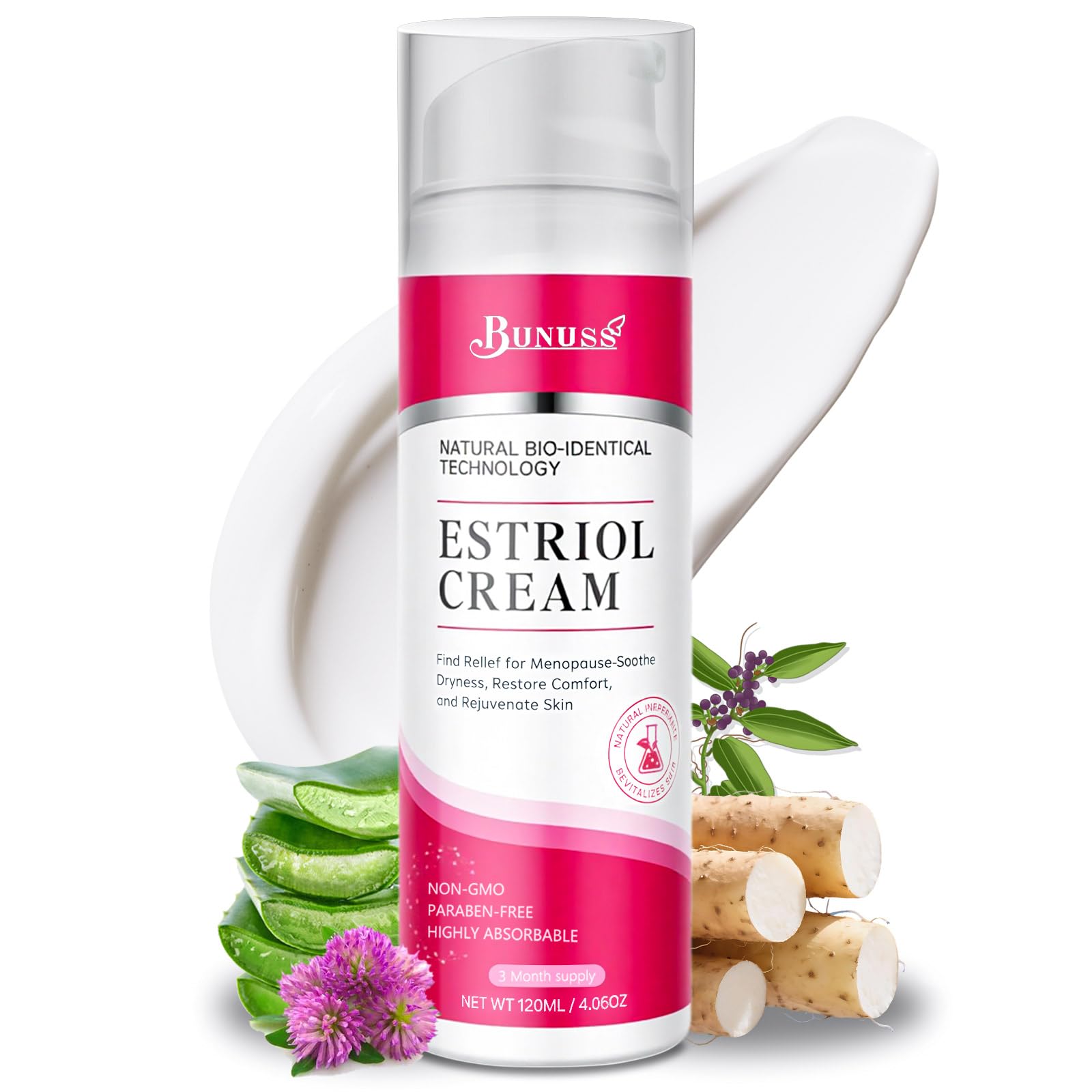 BUNUSS Estriol face cream tube closeup for daily hydration and balanced skin tone.