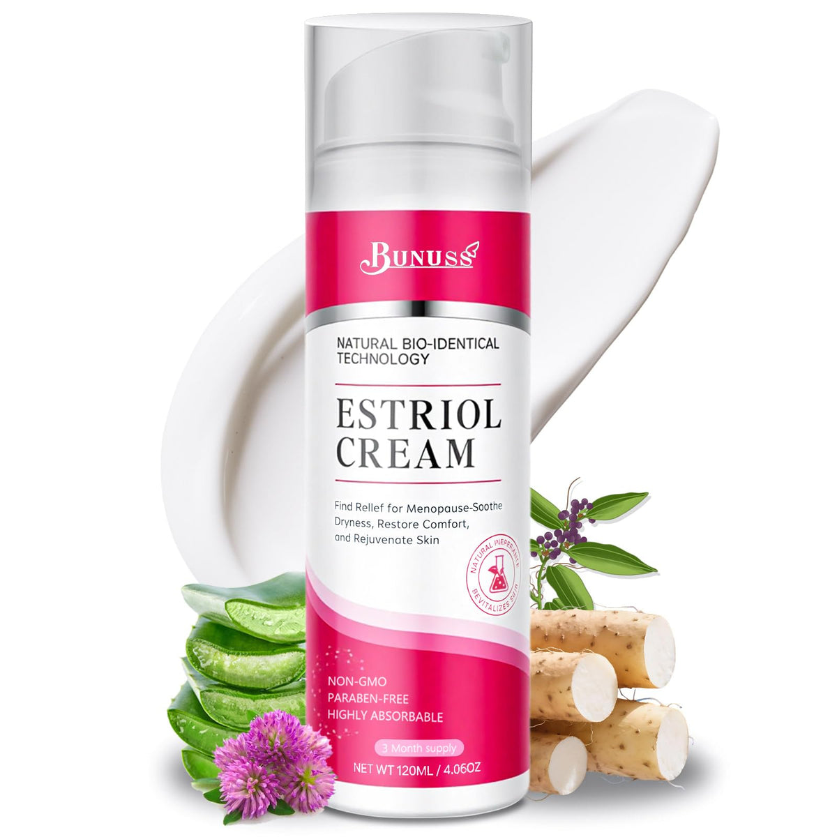 BUNUSS Estriol face cream tube closeup for daily hydration and balanced skin tone.