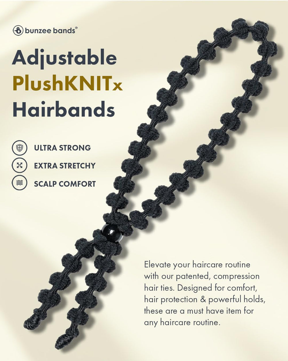 Bunzees plushknit soft hair tie worn in a ponytail for crease-free hold