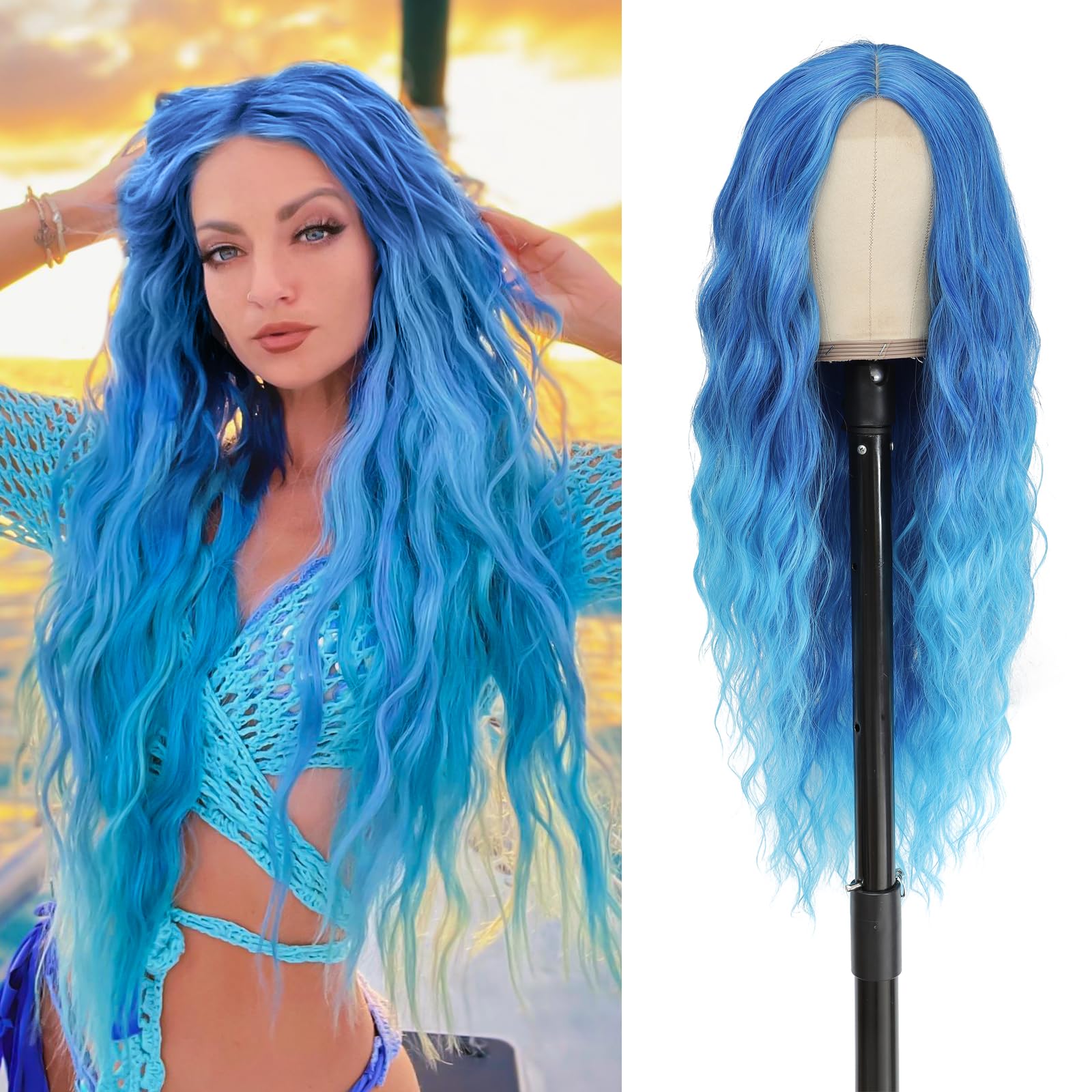 BUPPLER Cosplay Long Blue Wig 28-inch lace-front for natural part and easy styling
