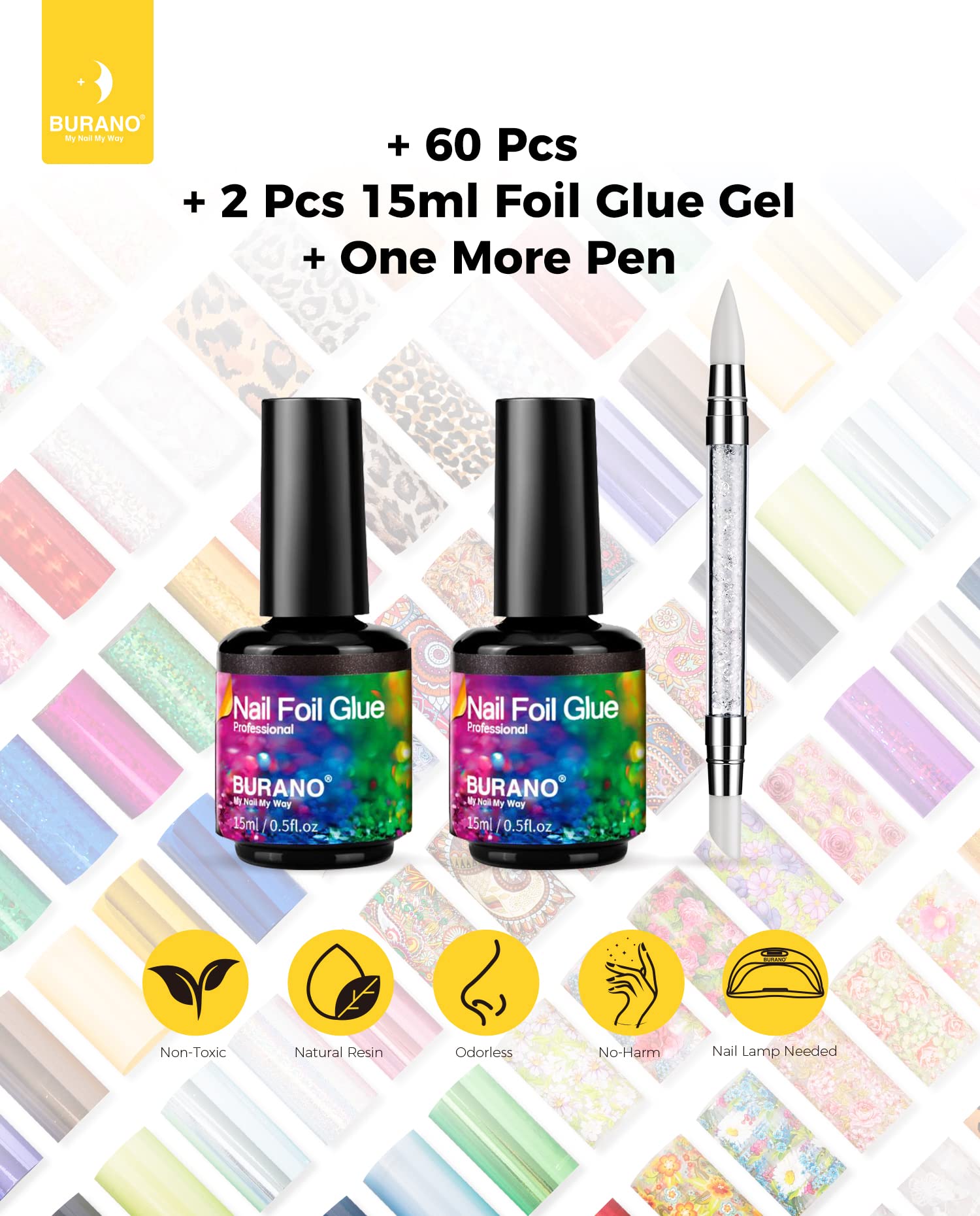 BURANO nail design ideas with foil stickers for versatile metallic looks