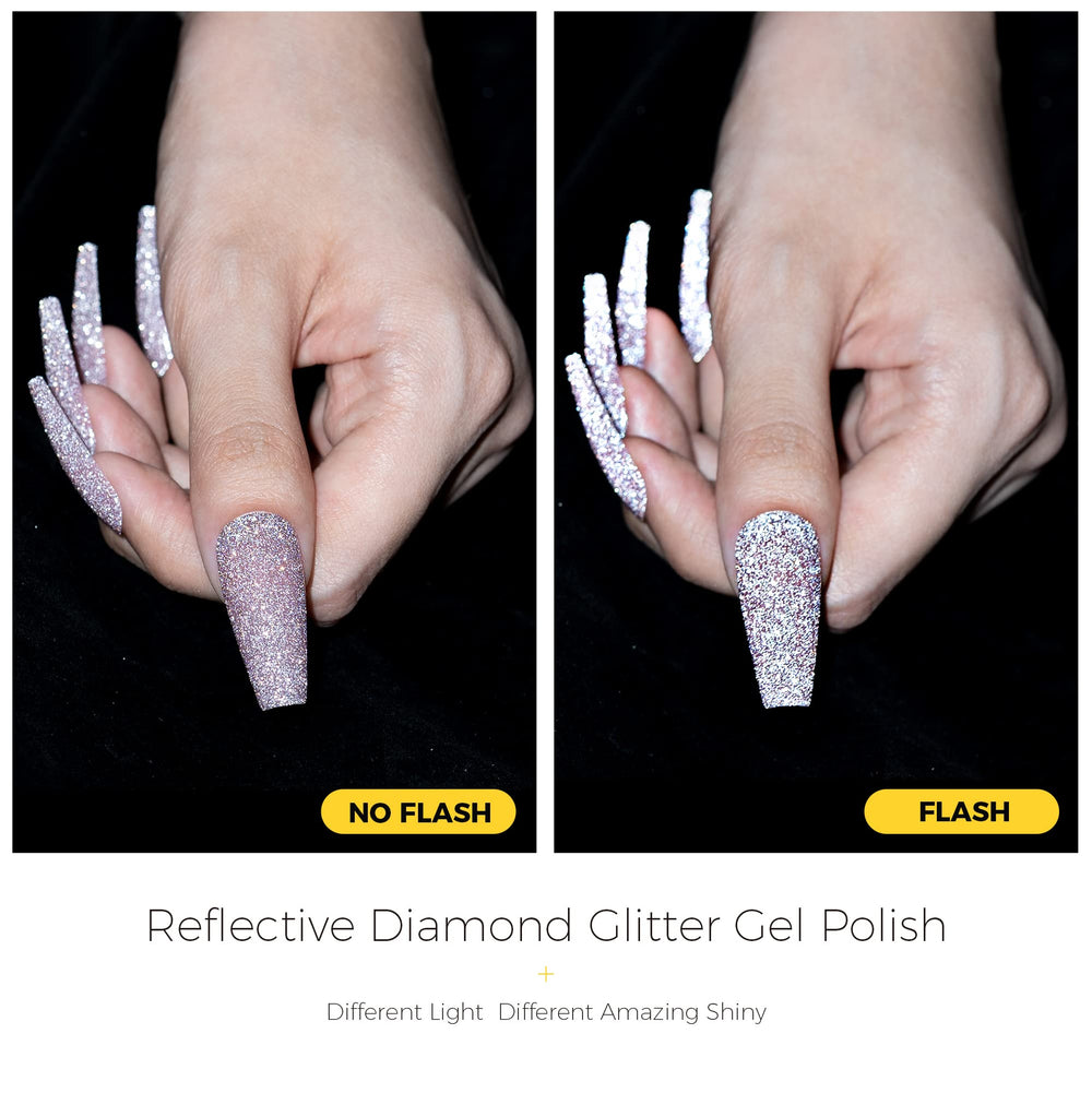 BURANO nails before and after with glitter polish shows dramatic transformation