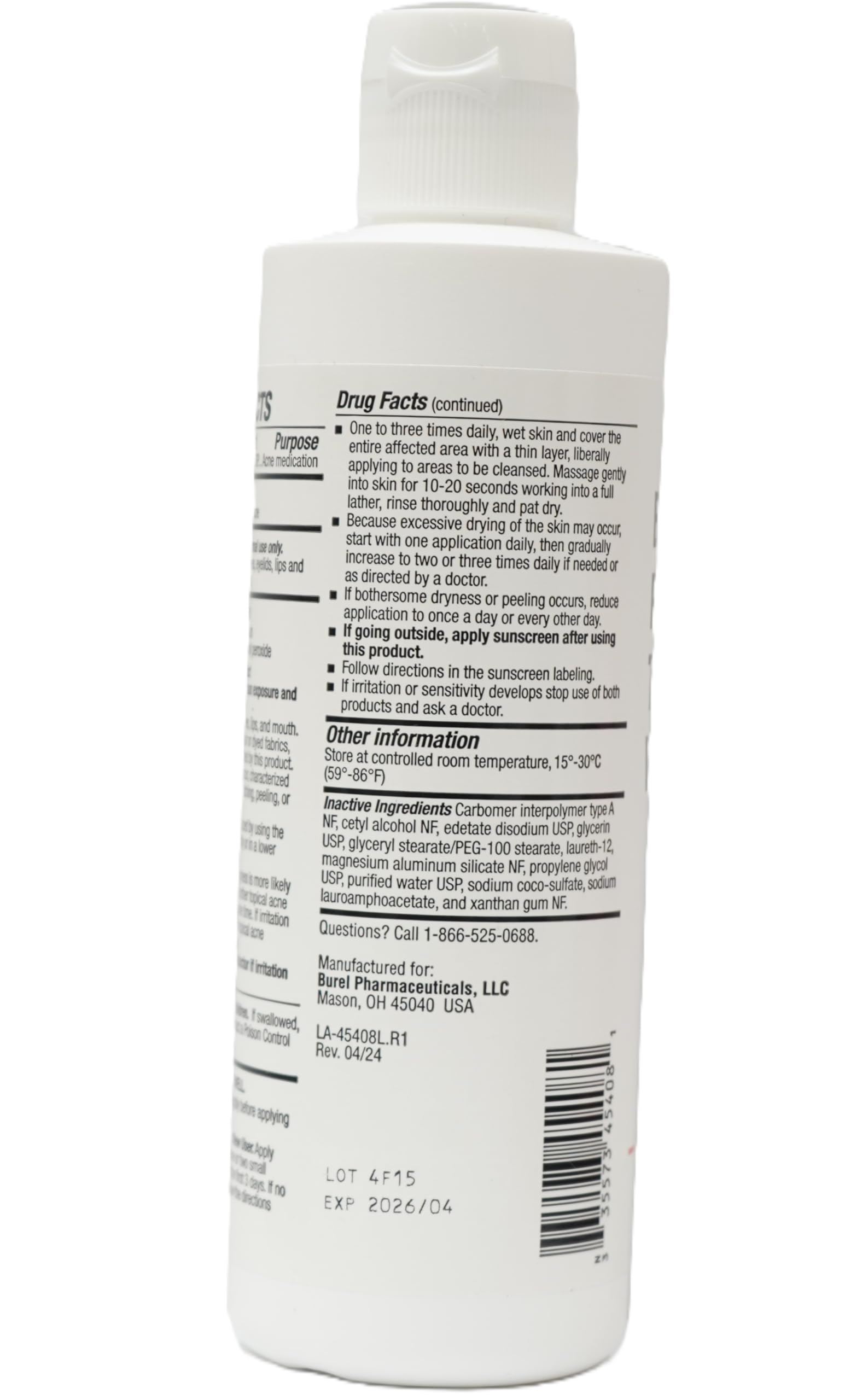 Burelpharma benzoyl peroxide wash packaging front highlights gentle, travel-friendly use