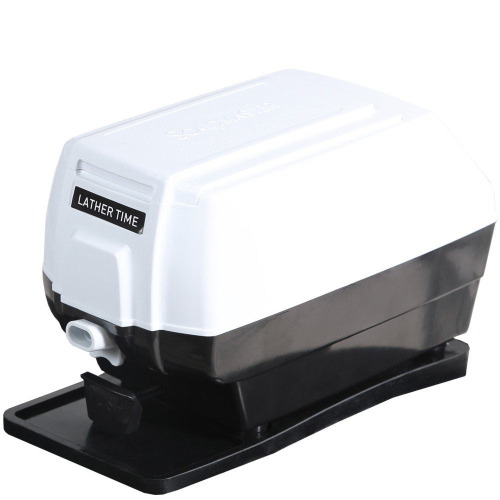 Burmax ScalpMaster Lather Time side view highlights compact footprint ideal for space-saving salon setups