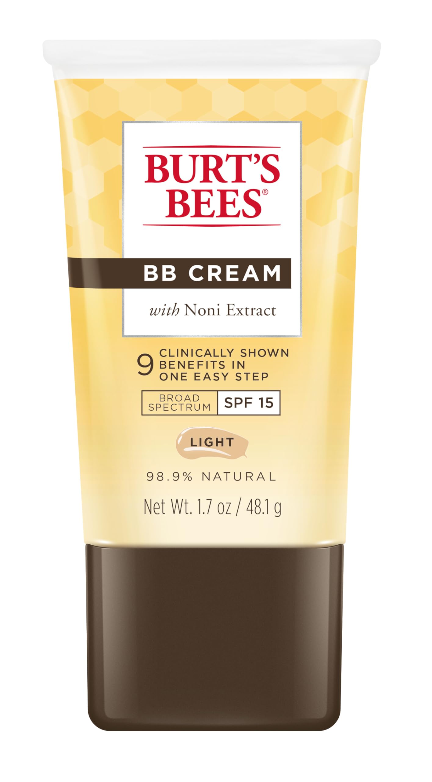 Burt's Bees BB Cream with SPF 15 tube—lightweight tinted moisturizer with daily sun protection.