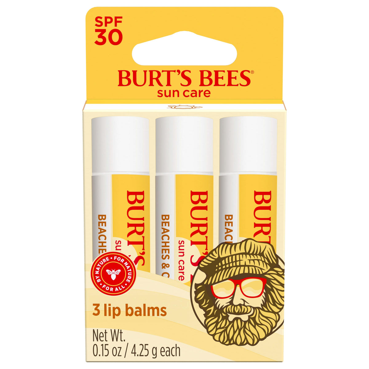 Burt's Bees Beaches and Cream SPF30 lip balm tube front highlights mineral sun protection