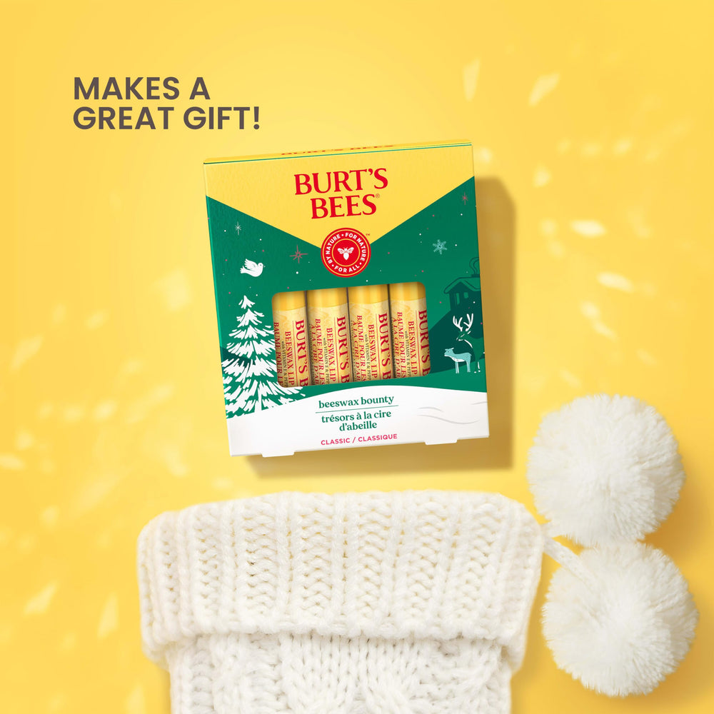 Burt's Bees Beeswax Bounty lip balm on lips, matte finish and smooth feel.