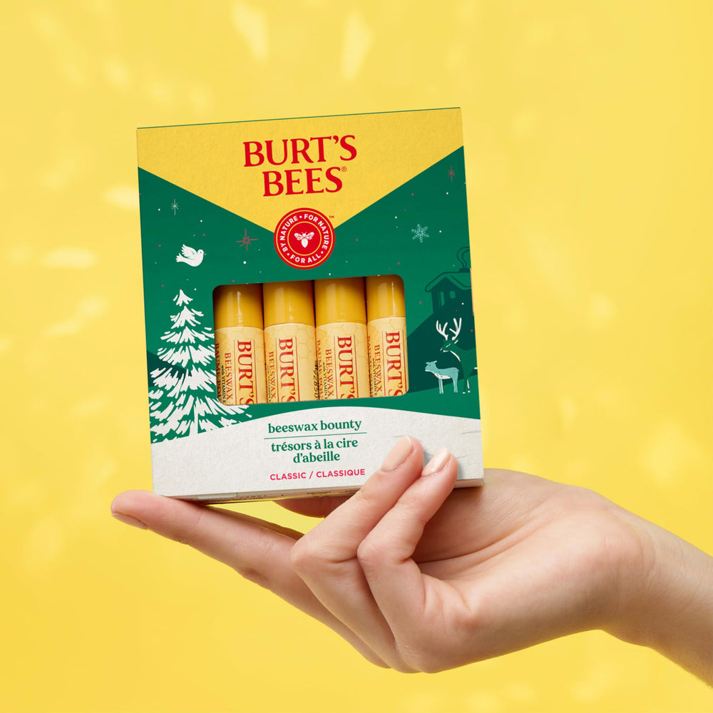 Burt's Bees Beeswax Bounty packaging detail, festive and gift-ready for holidays.