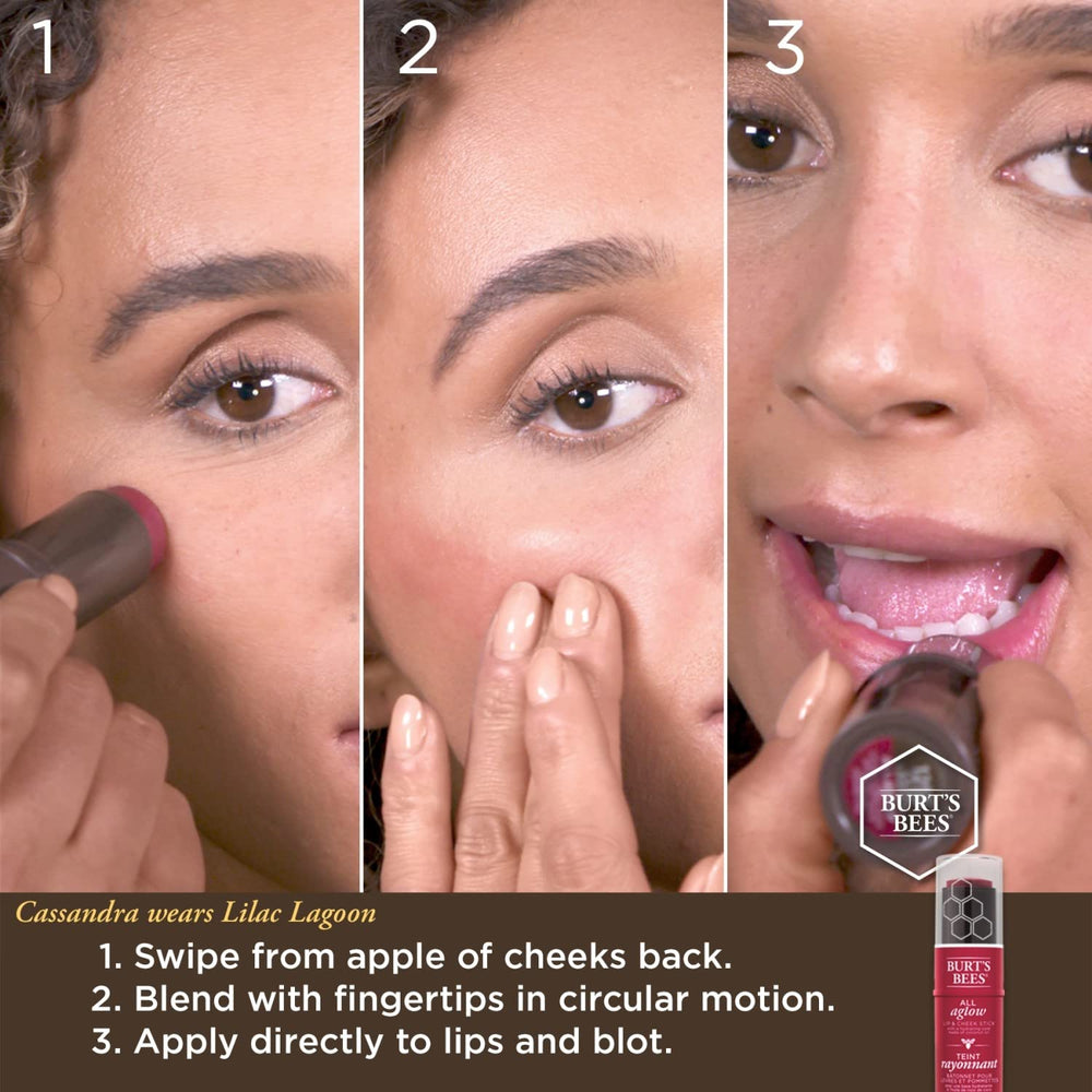 Burt's Bees lip and cheek formula highlights jojoba and coconut oil ingredients.