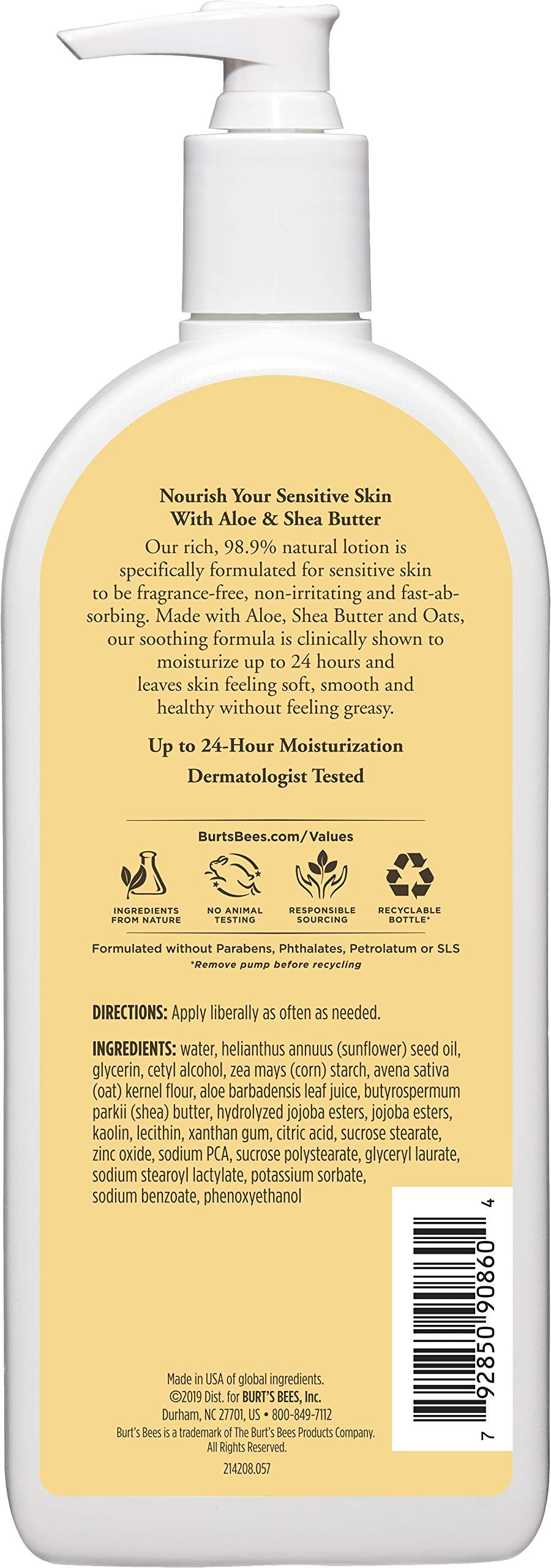 Burt's Bees body lotion sensitive skin application for fast-absorbing, non-greasy moisture