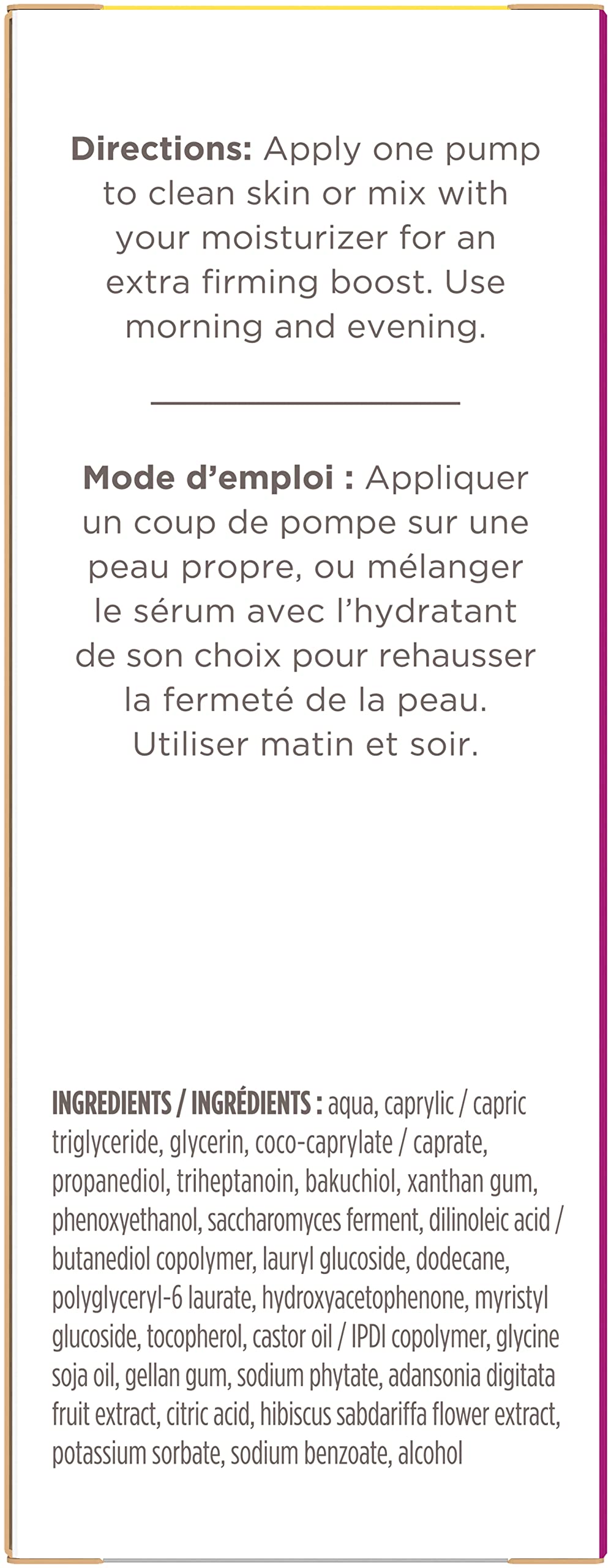 Burt's Bees firming serum ingredient list featuring hibiscus and bakuchiol.