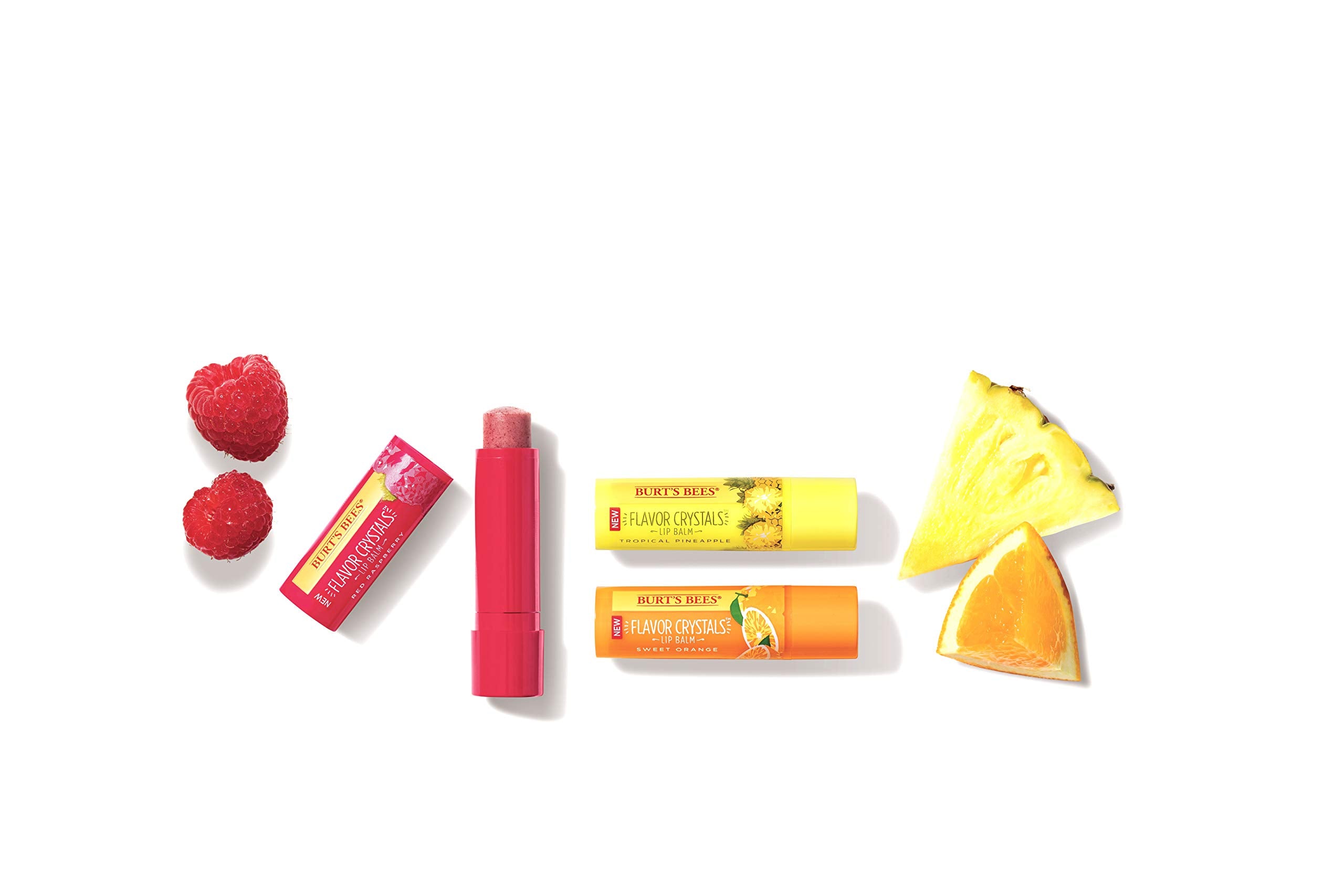 Burt's Bees Flavor Crystals close-up shows conditioning lip balm for everyday use.