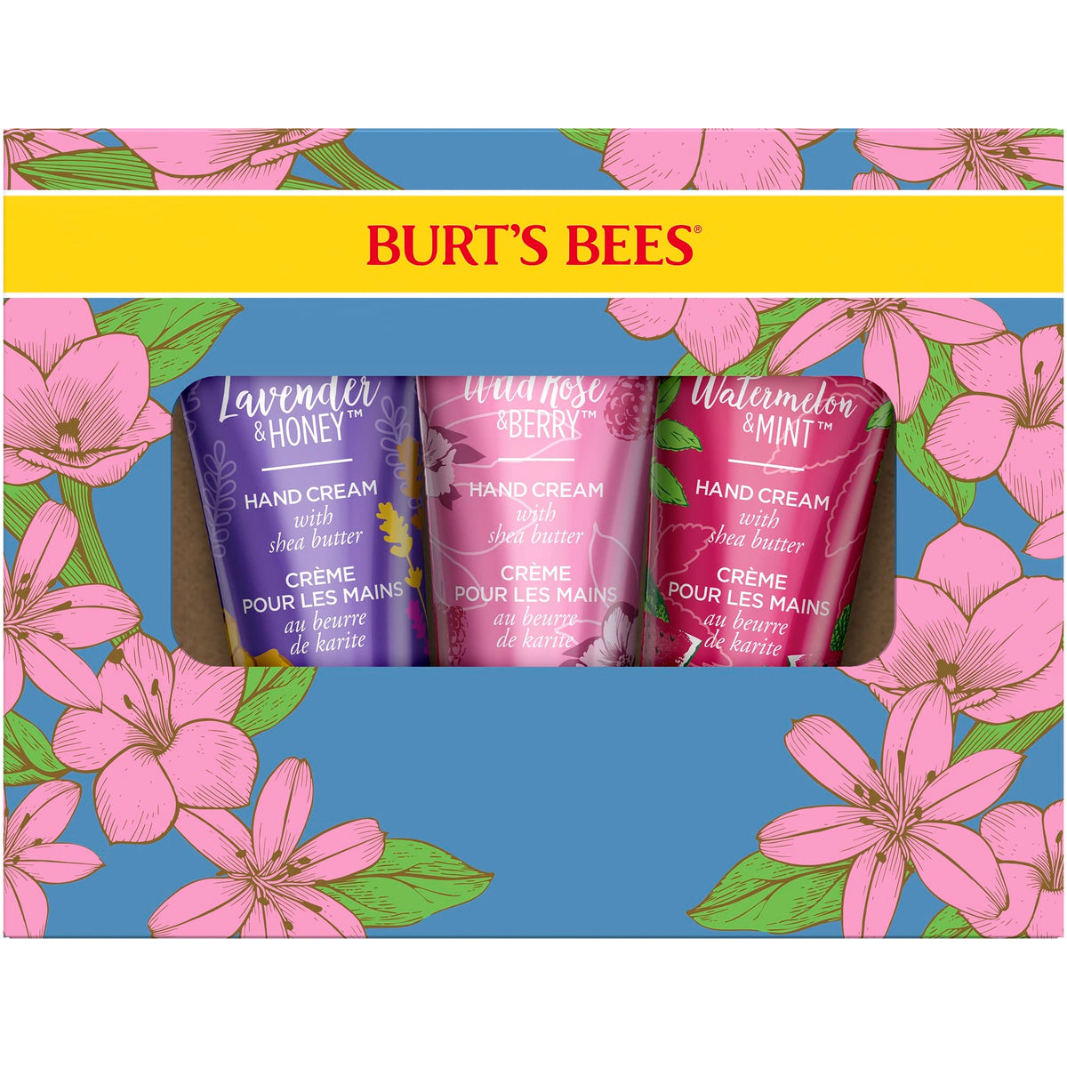 Burt's Bees hand cream trio gift box ready for gifting and sharing.