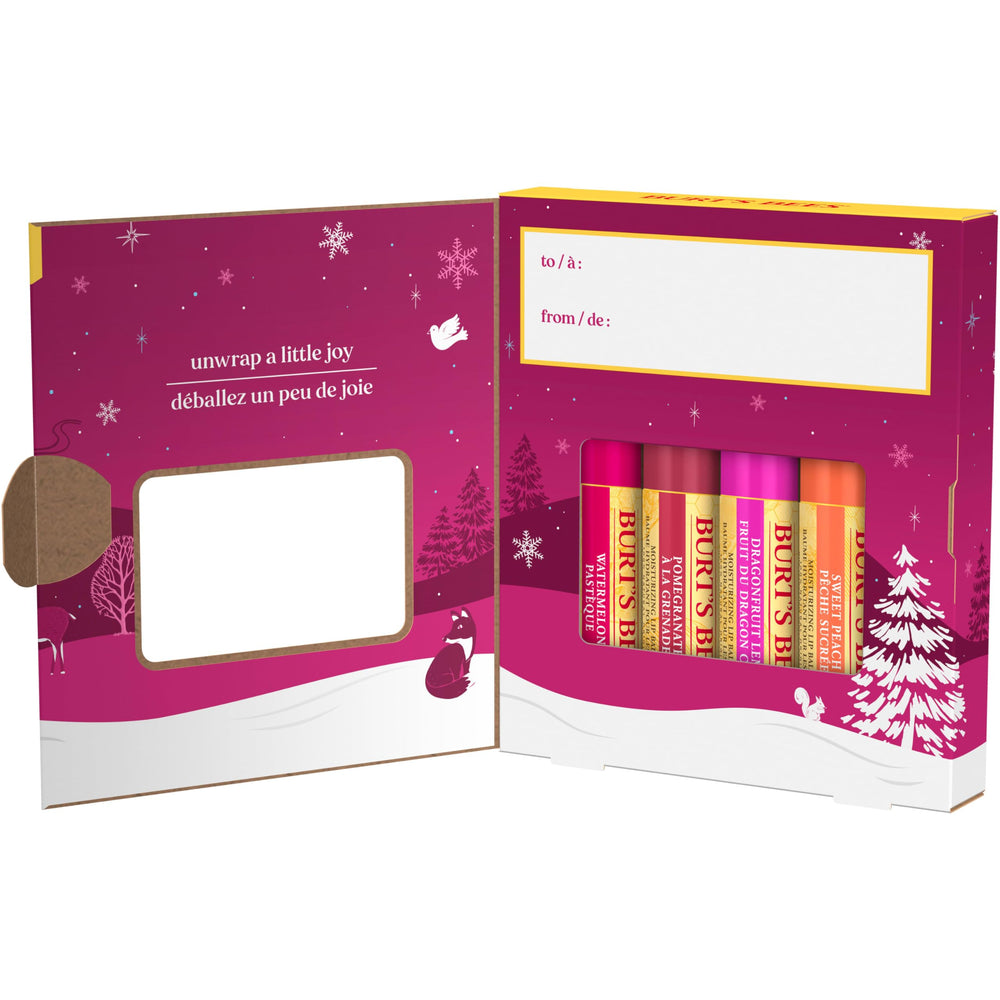 Burt's Bees holiday packaging highlights a gift-ready lip care set.