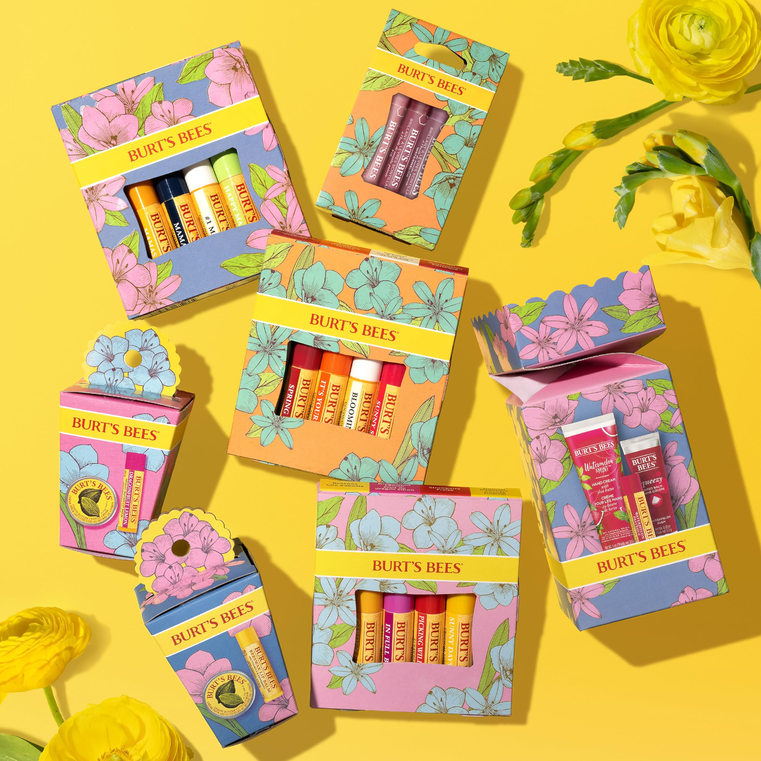 Burt's Bees In Full Bloom lip balm set glide with a matte finish on lips