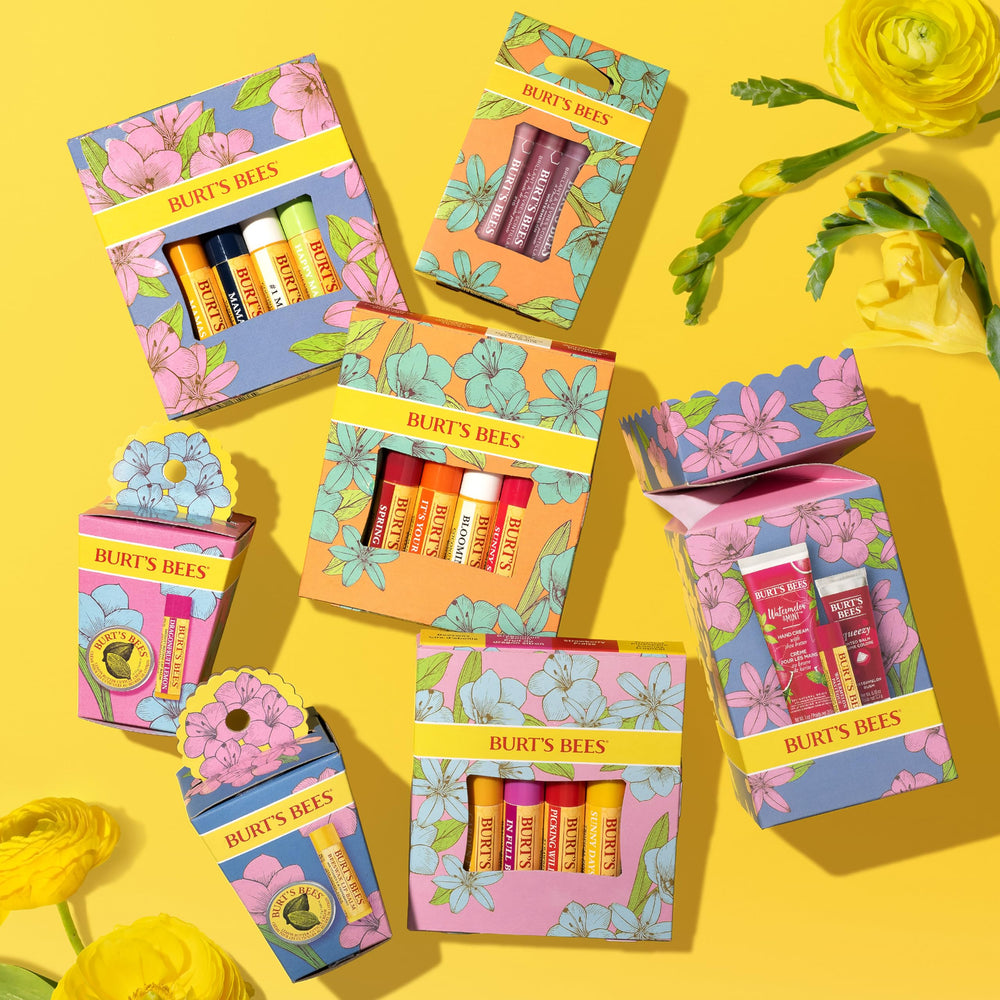 Burt's Bees In Full Bloom lip balm set glide with a matte finish on lips