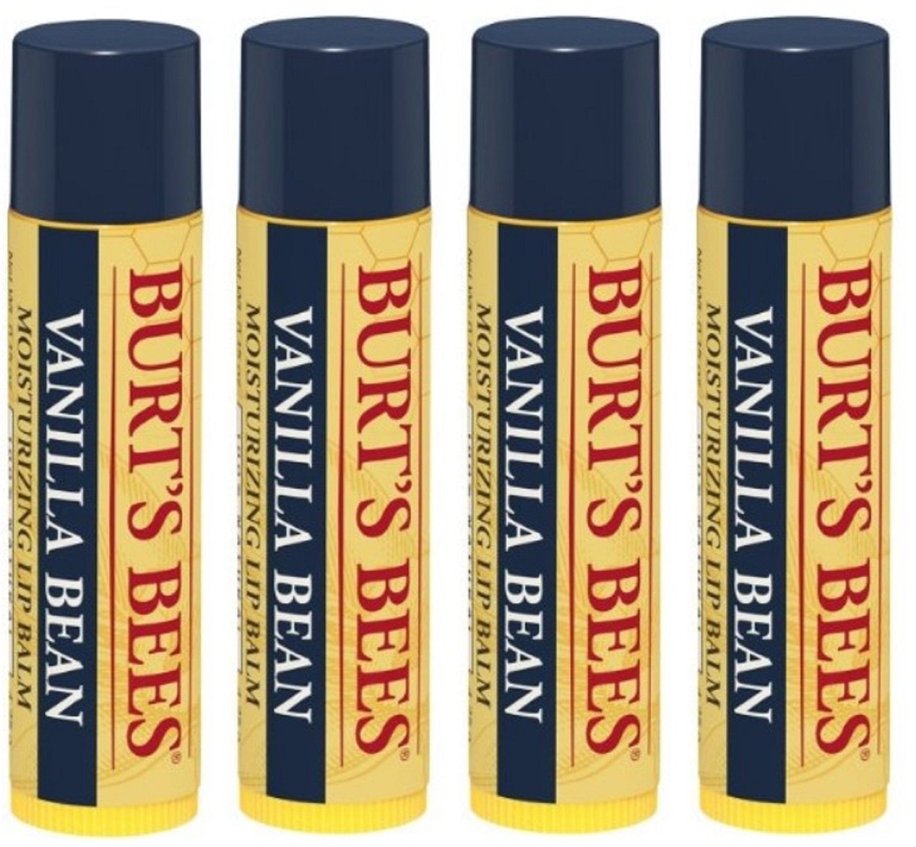 Burt's Bees lip balm vanilla bean 4-pack packaging for on-the-go hydration.