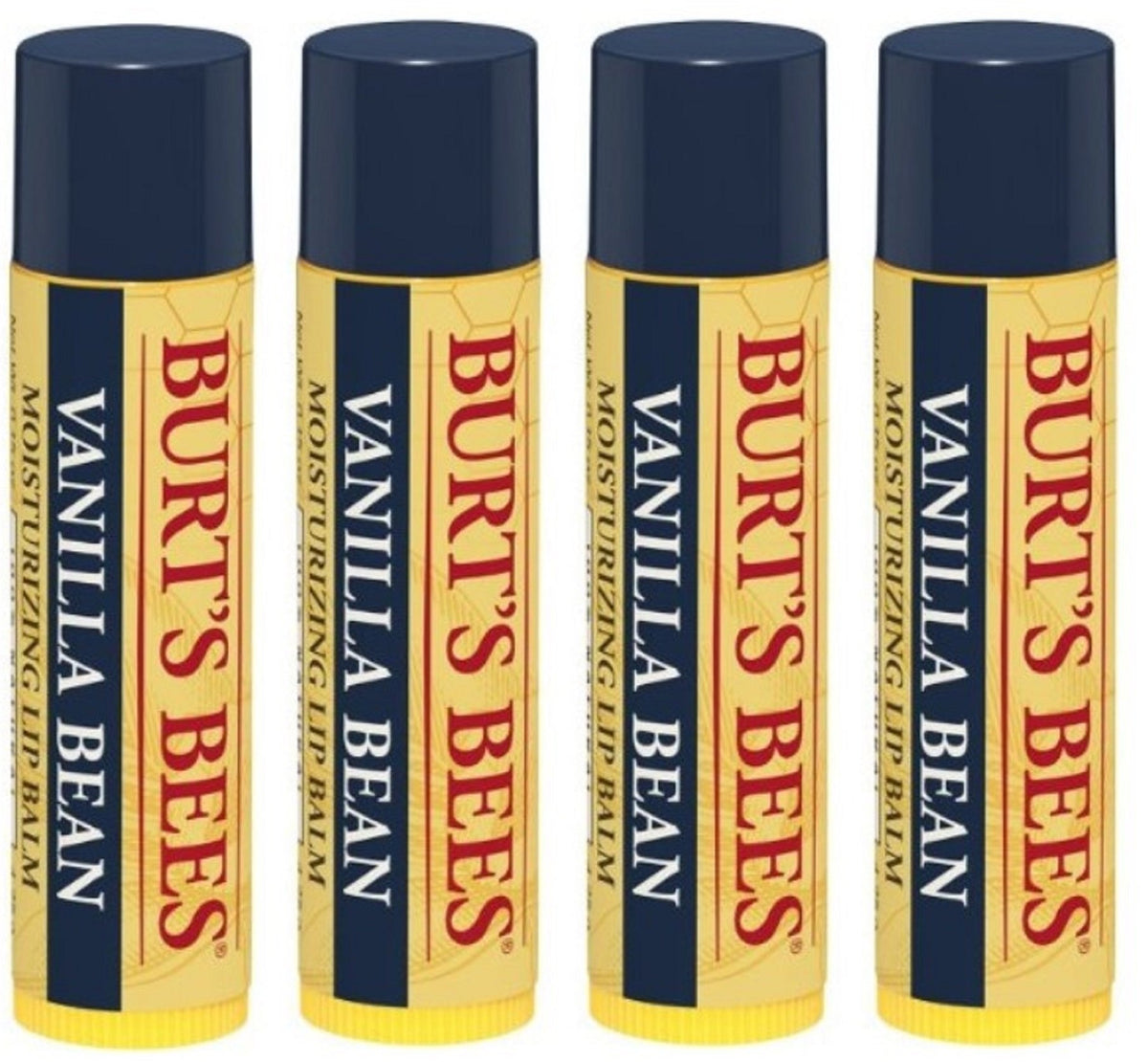 Burt's Bees lip balm vanilla bean 4-pack packaging for on-the-go hydration.