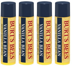 Burt's Bees lip balm vanilla bean 4-pack packaging for on-the-go hydration.