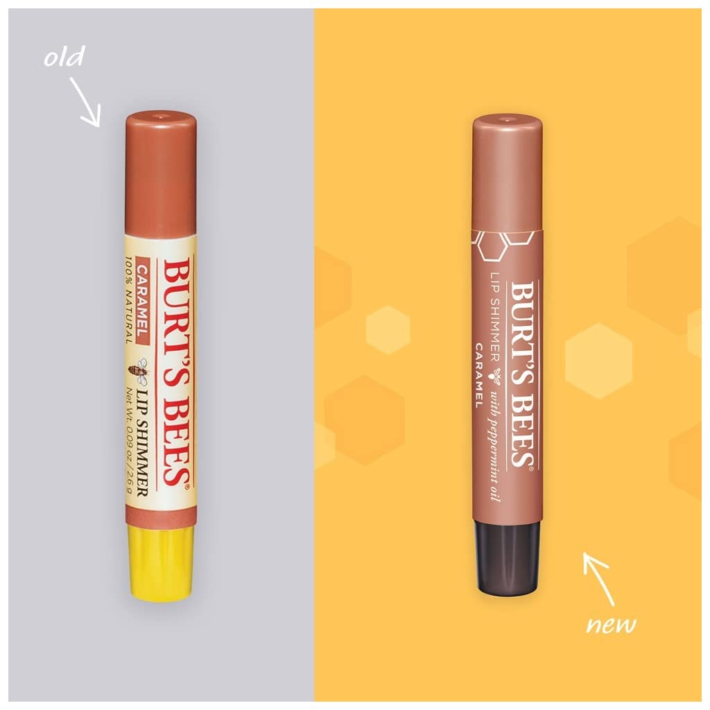 Burt's Bees Lip Shimmer Caramel compact highlights glossy color and peppermint feel