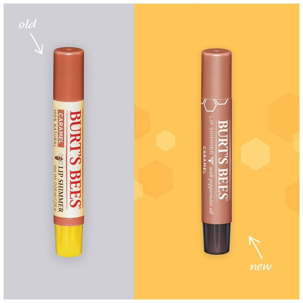 Burt's Bees Lip Shimmer Caramel compact highlights glossy color and peppermint feel