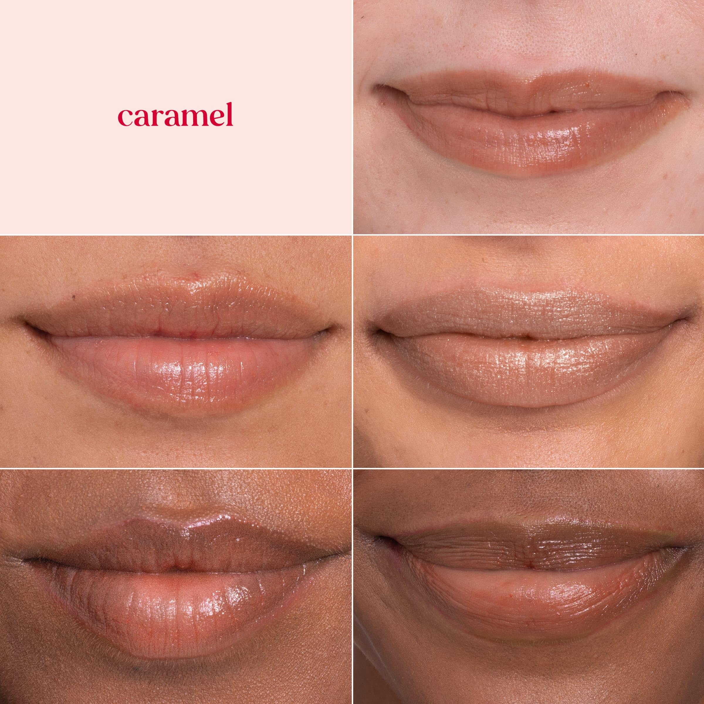 Burt's Bees Lip Shimmer Caramel closeup reveals subtle tawny beige shade.