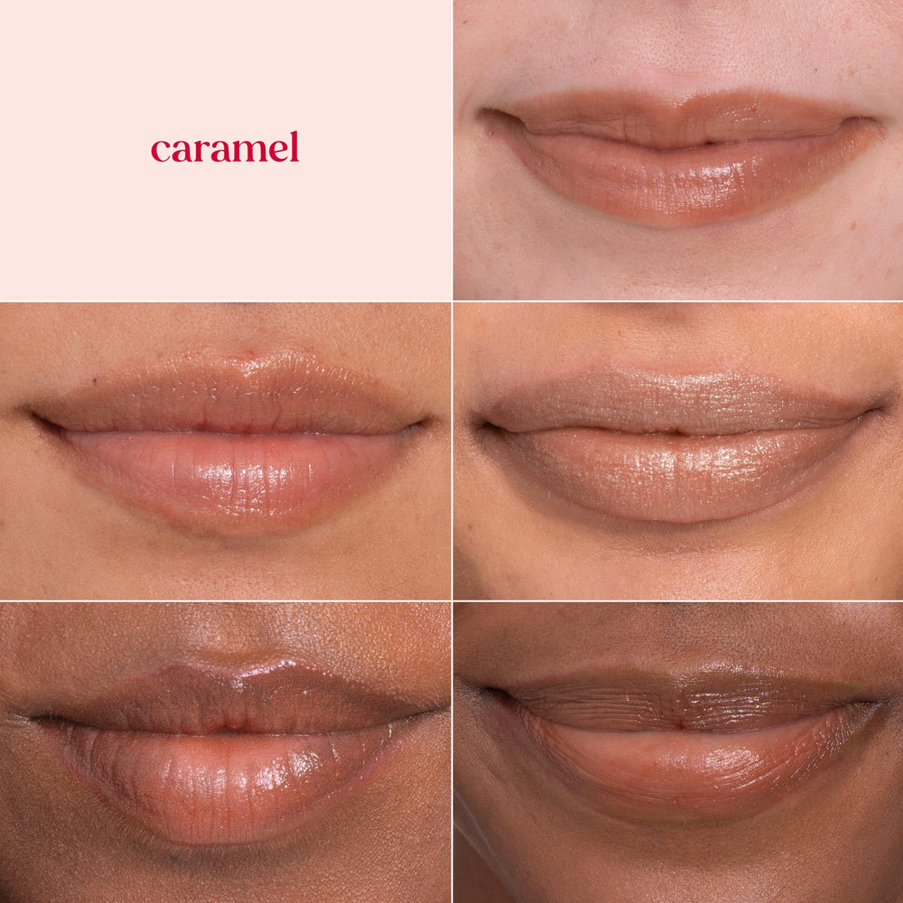 Burt's Bees Lip Shimmer Caramel closeup reveals subtle tawny beige shade.