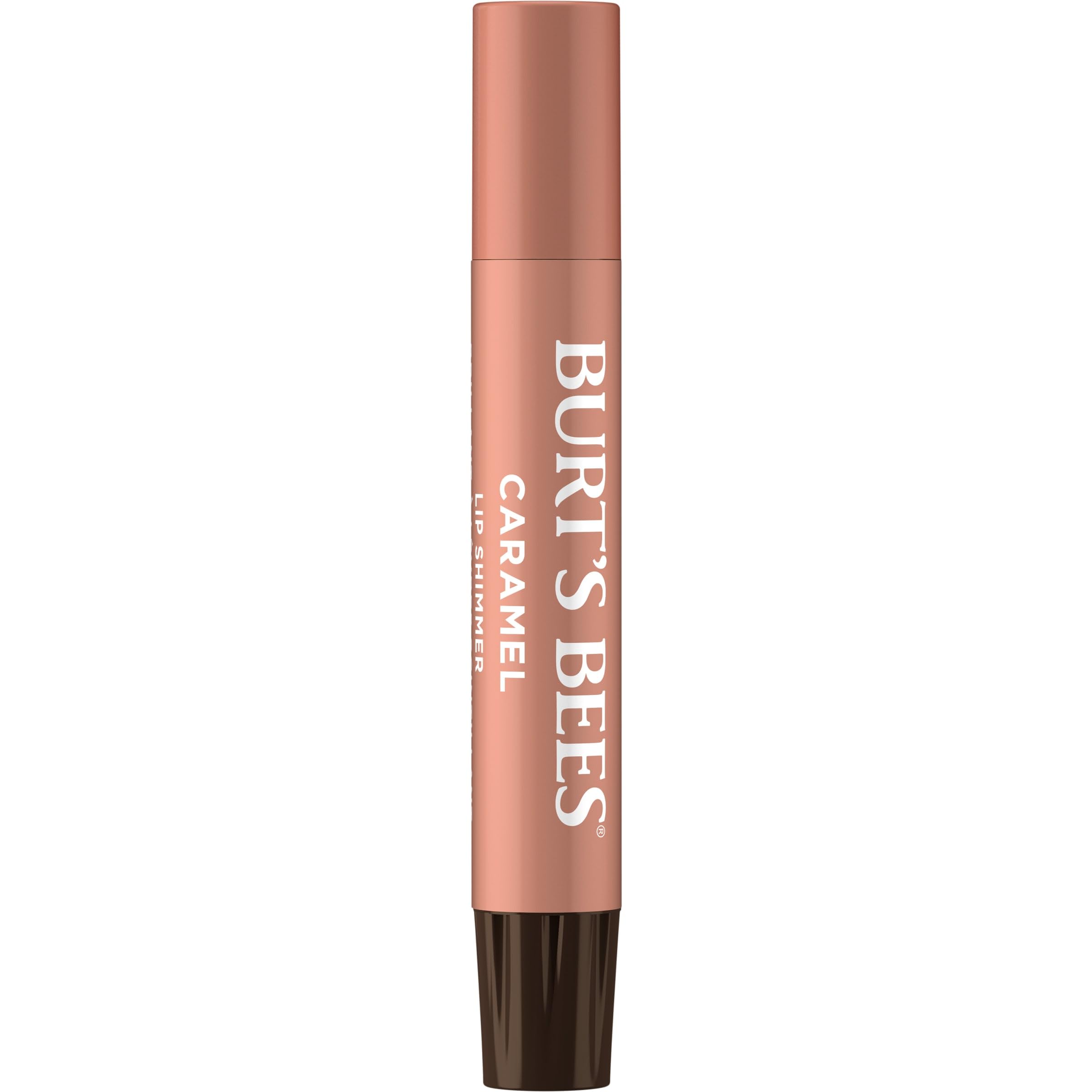 Burt's Bees Lip Shimmer Caramel swatch displays glow and hydrating formula.