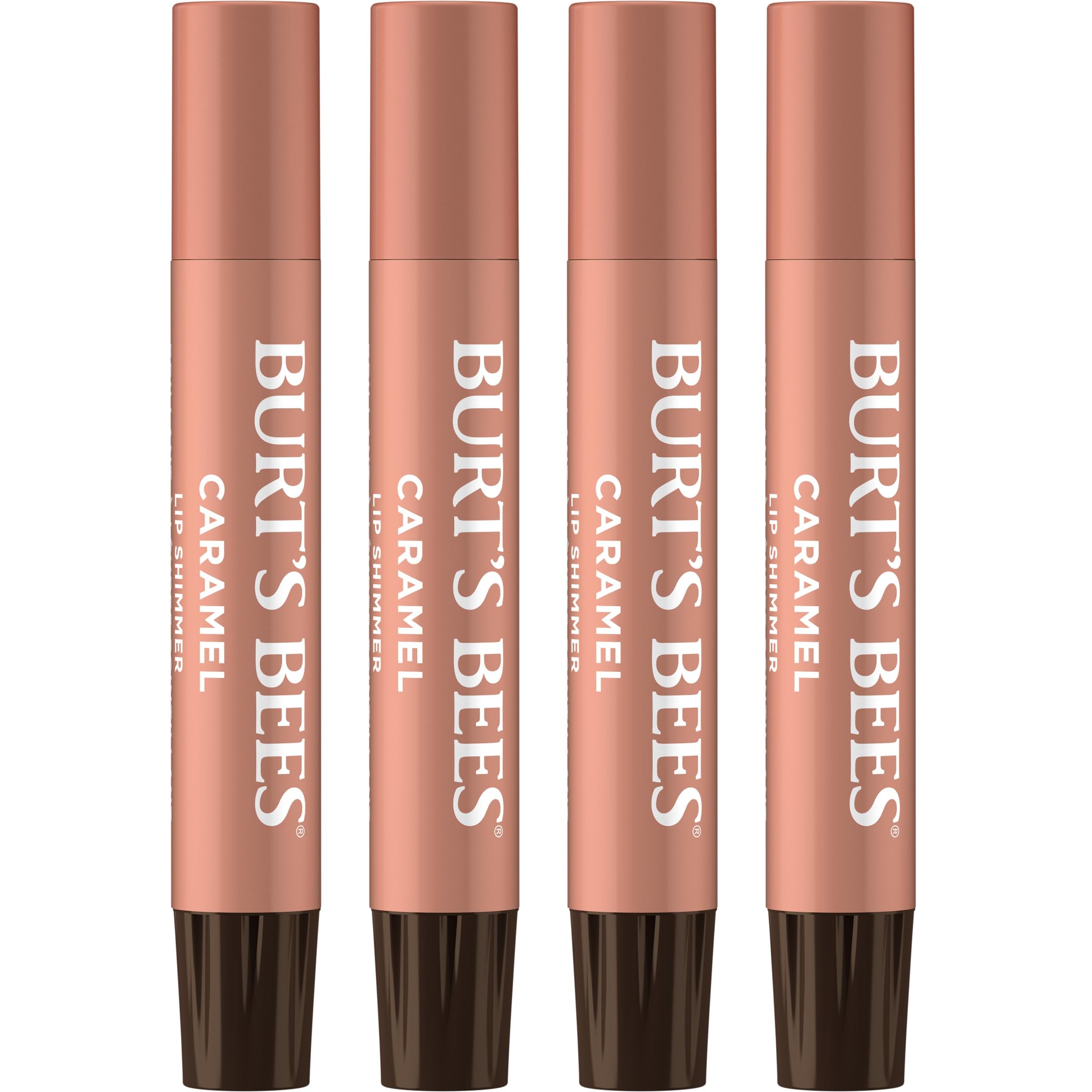 Burt's Bees Lip Shimmer Caramel tube closeup showing shimmering color and moisture.