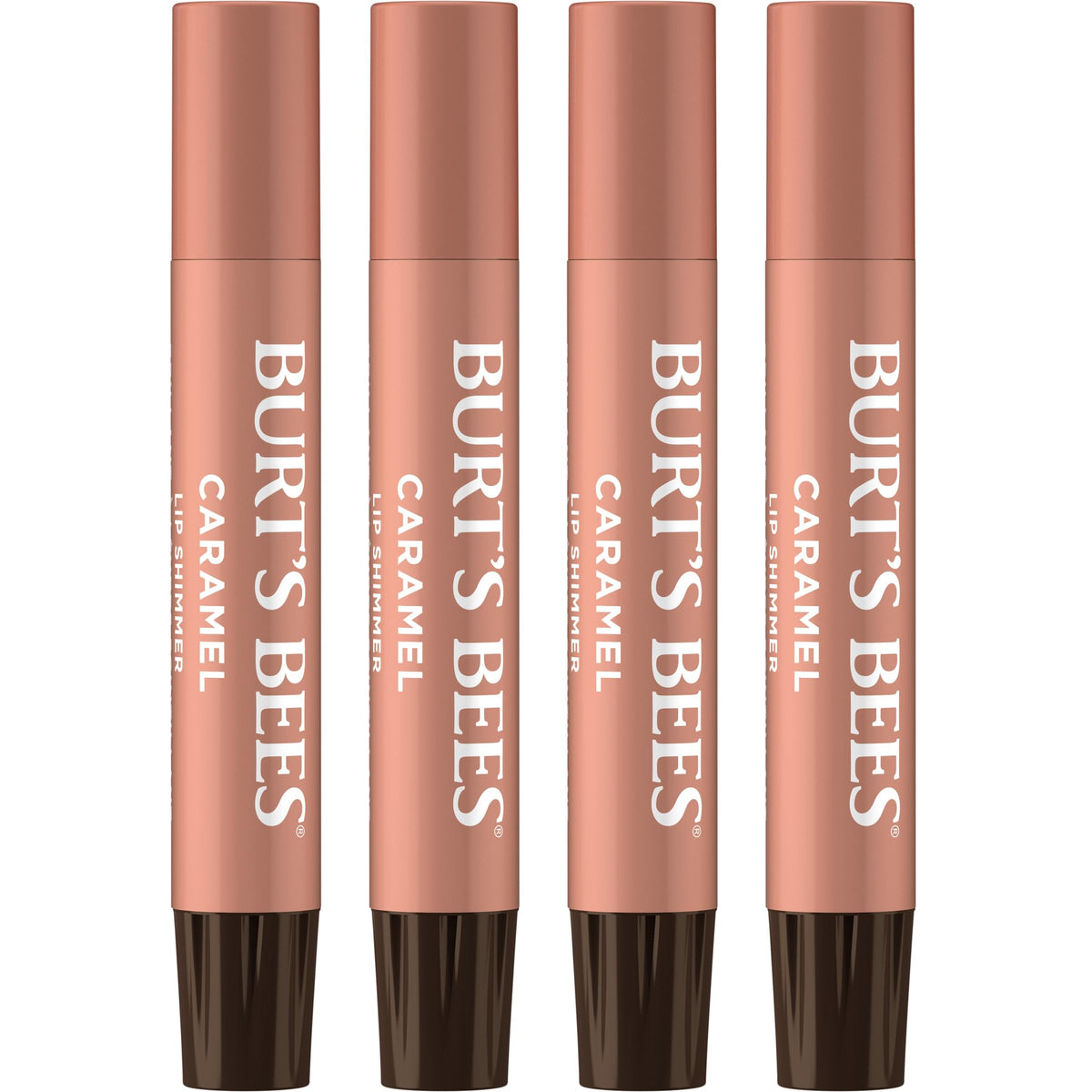 Burt's Bees Lip Shimmer Caramel tube closeup showing shimmering color and moisture.