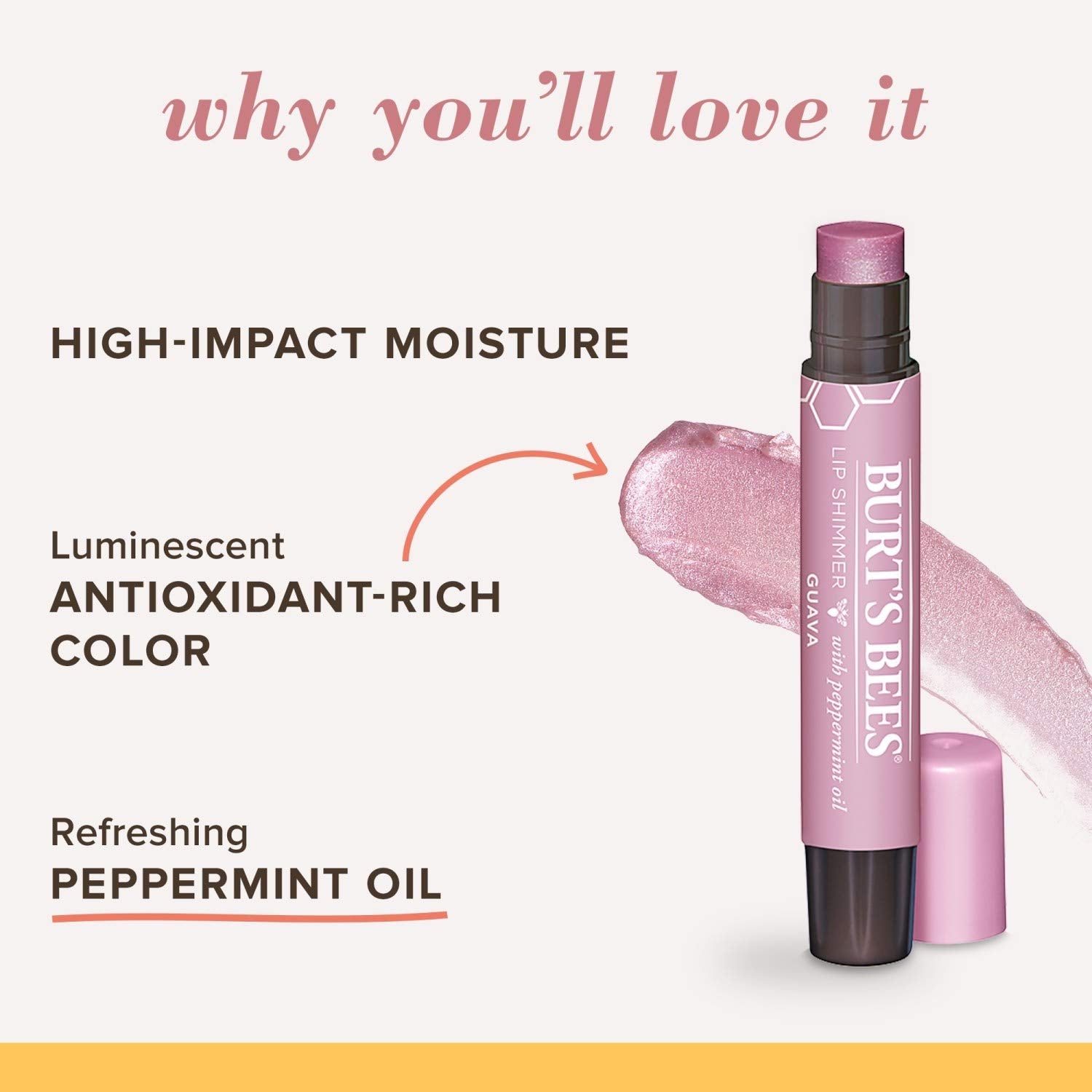 Burt's Bees Lip Shimmer Guava gloss catches light with natural sheen.