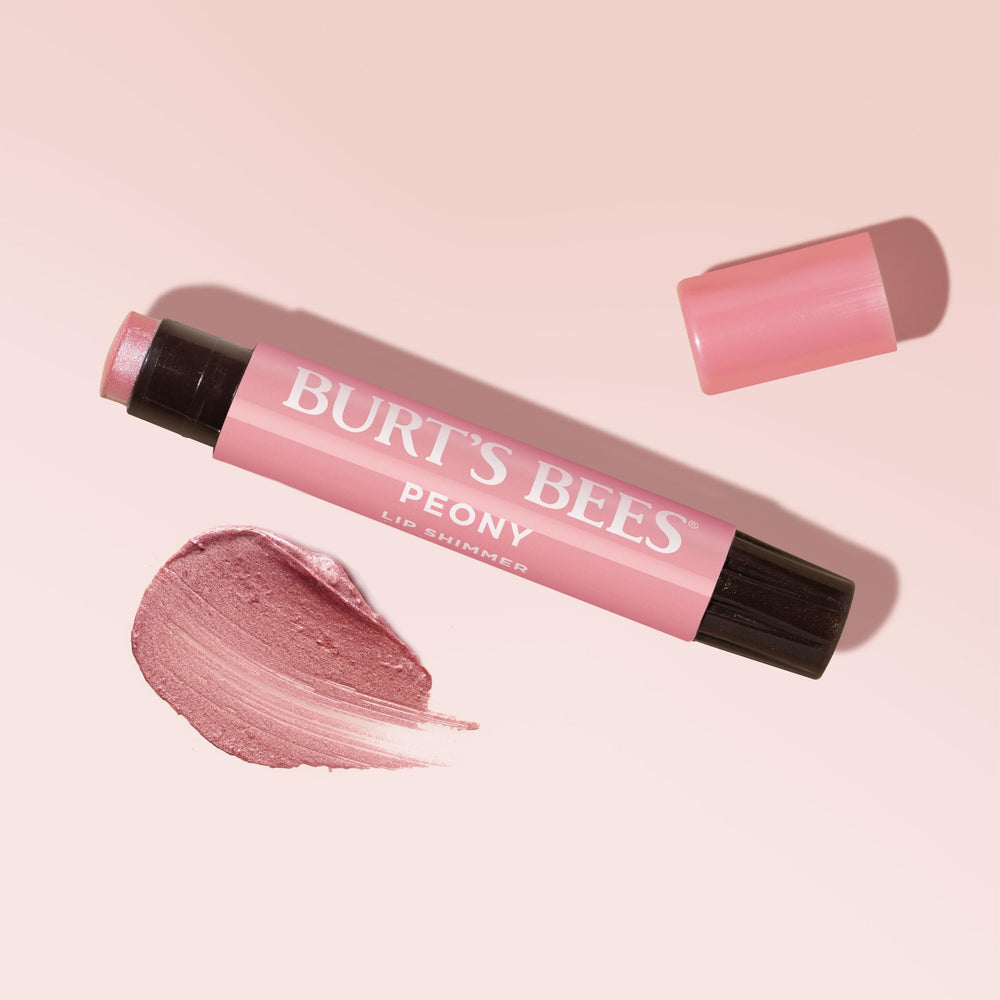 Burt's Bees Lip Shimmer Peony rose-color closeup shows warm glow for everyday wear