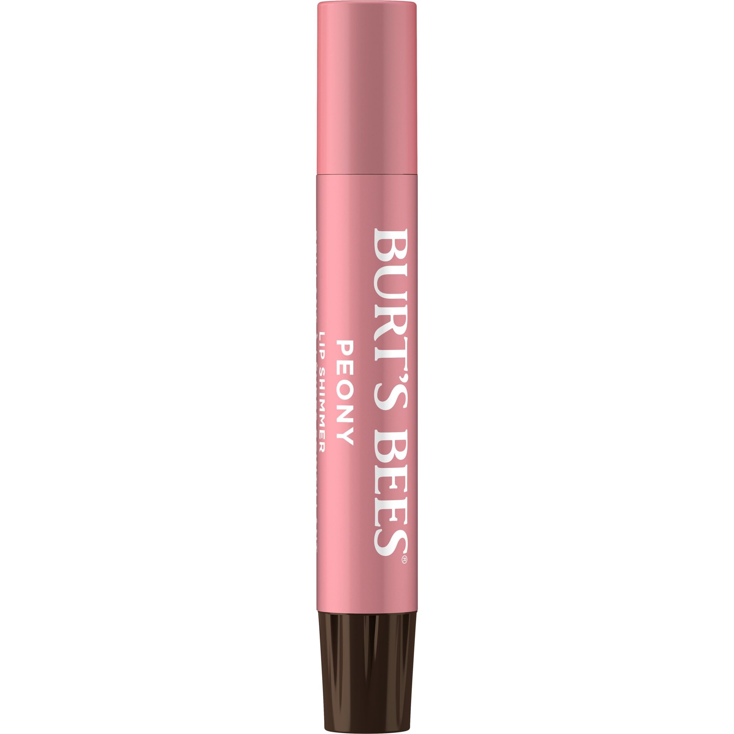 Burt's Bees Lip Shimmer Peony tube-side shows portable shimmer for on-the-go color