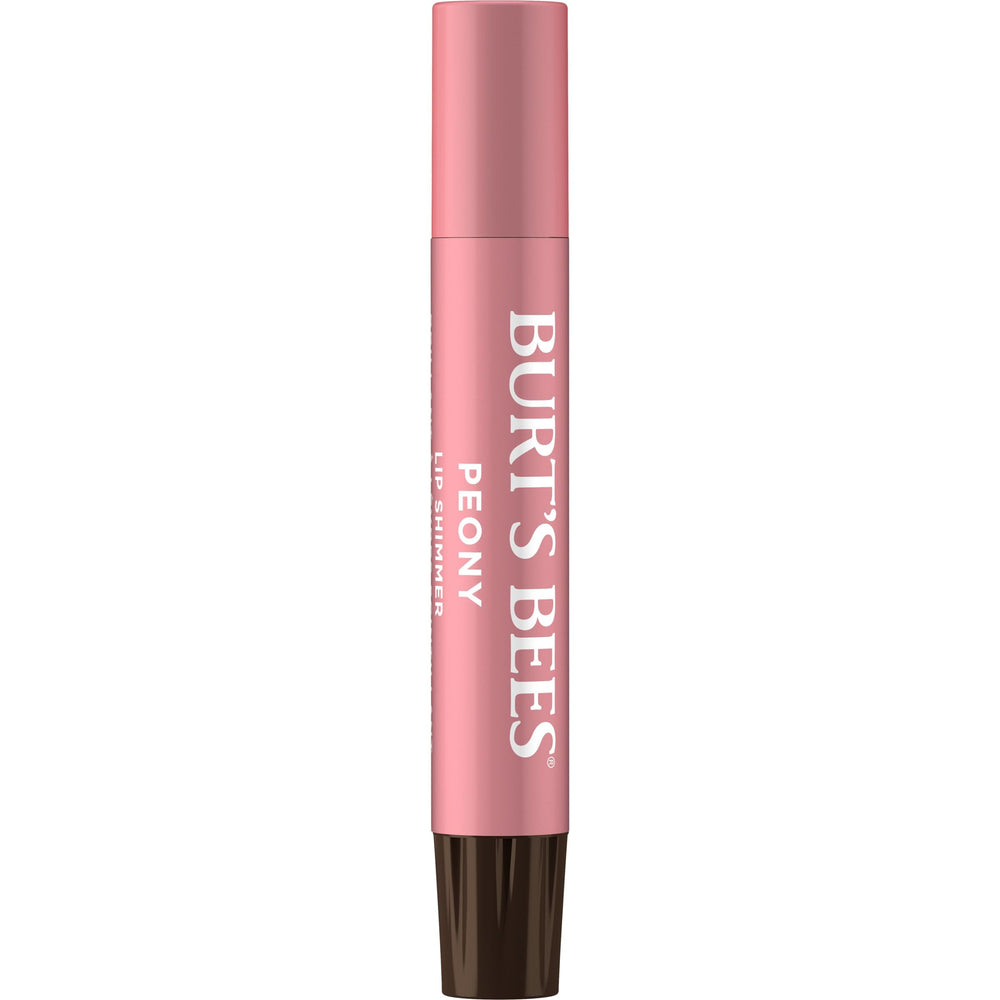 Burt's Bees Lip Shimmer Peony tube-side shows portable shimmer for on-the-go color
