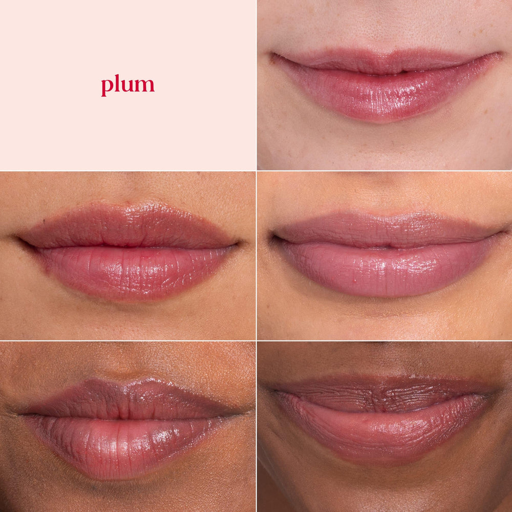 Burt's Bees Lip Shimmer Plum pack showcases a glossy, moisturizing color in a four-pack.