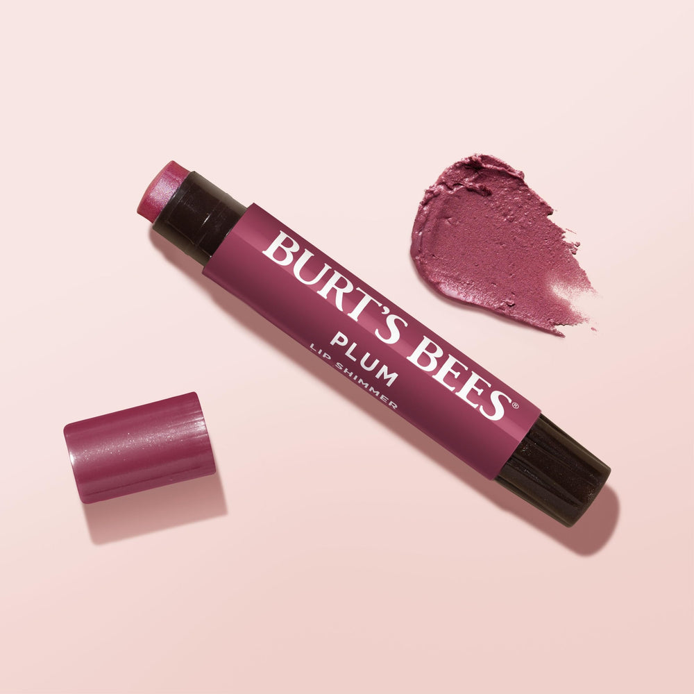 Burt's Bees Lip Shimmer Plum texture close-up reveals creamy, non-sticky feel.