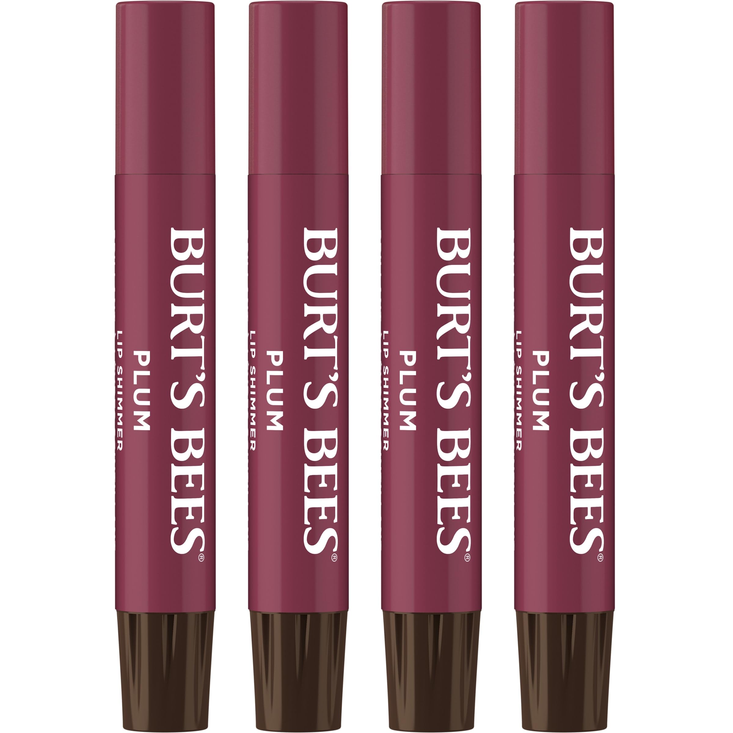 Burt's Bees Lip Shimmer Plum tube shows buildable plum glow for everyday lips.