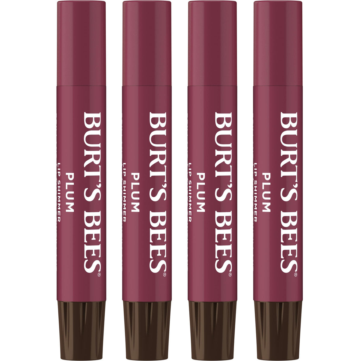Burt's Bees Lip Shimmer Plum tube shows buildable plum glow for everyday lips.