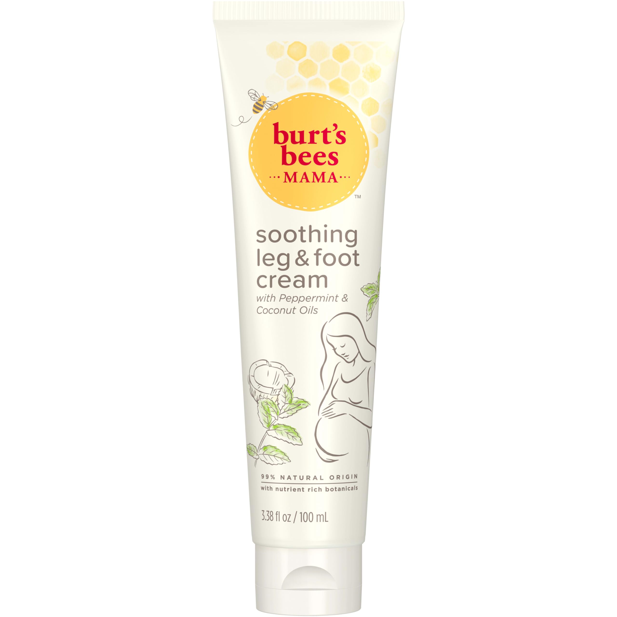 Burt's Bees Mama Bee Leg and Foot Cream tube front, fragrance-free formula soothes tired legs.
