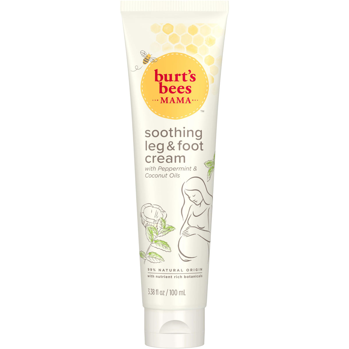 Burt's Bees Mama Bee Leg and Foot Cream tube front, fragrance-free formula soothes tired legs.