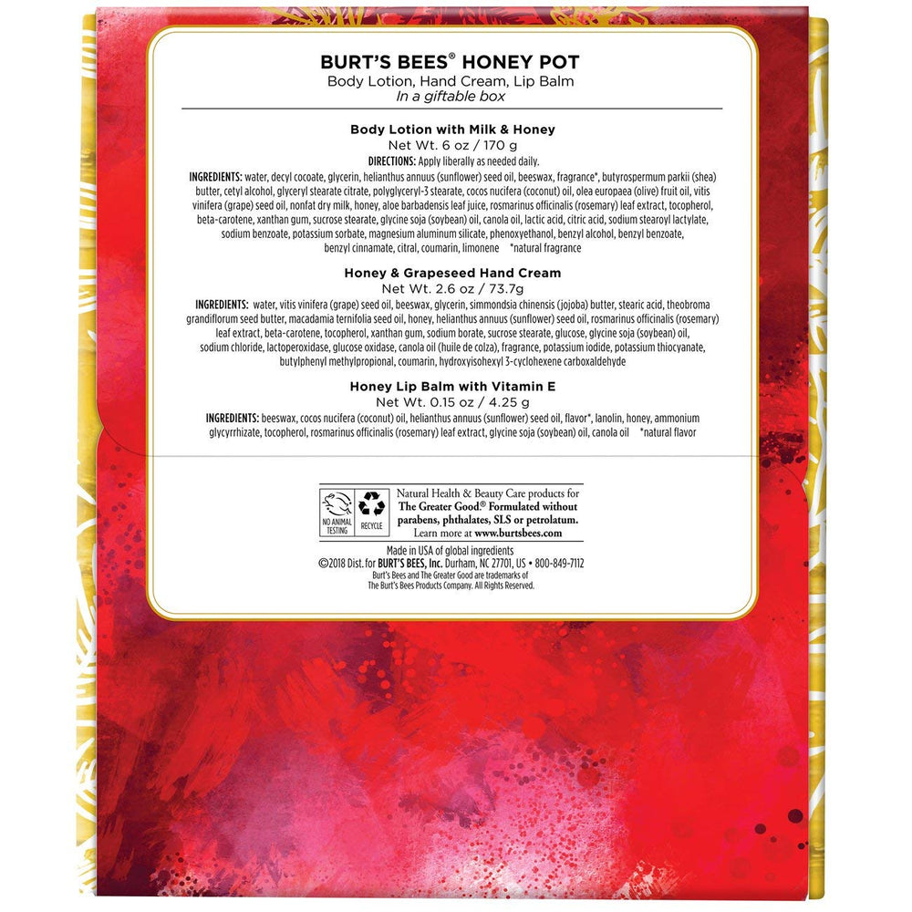 Burt's Bees Milk and Honey Body Lotion bottle highlighting 24 hour moisturization claim.