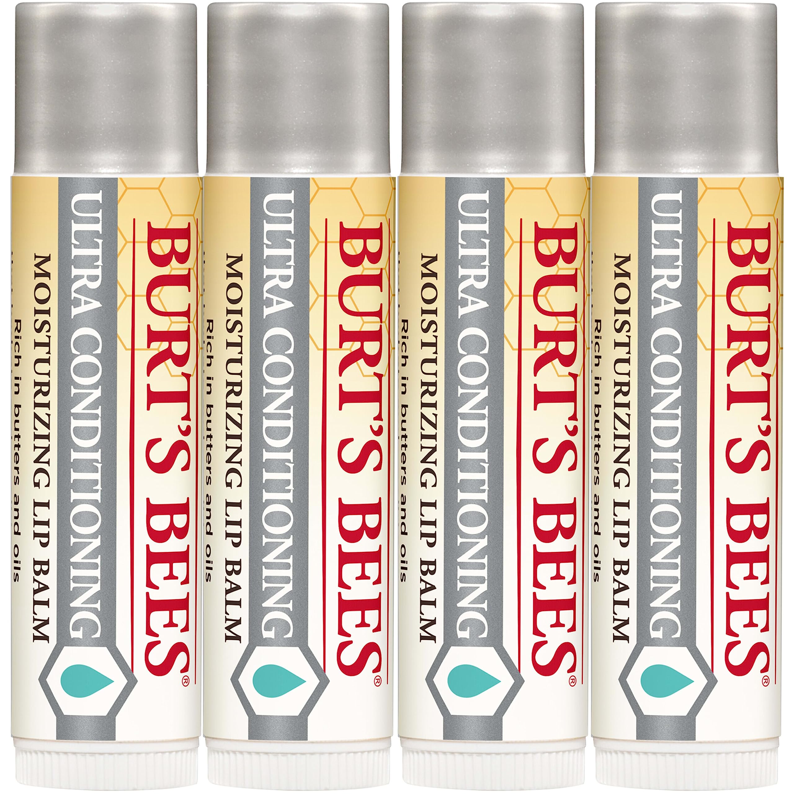 Burt's Bees packaging emphasizes natural-origin ingredients and no parabens or SLS.
